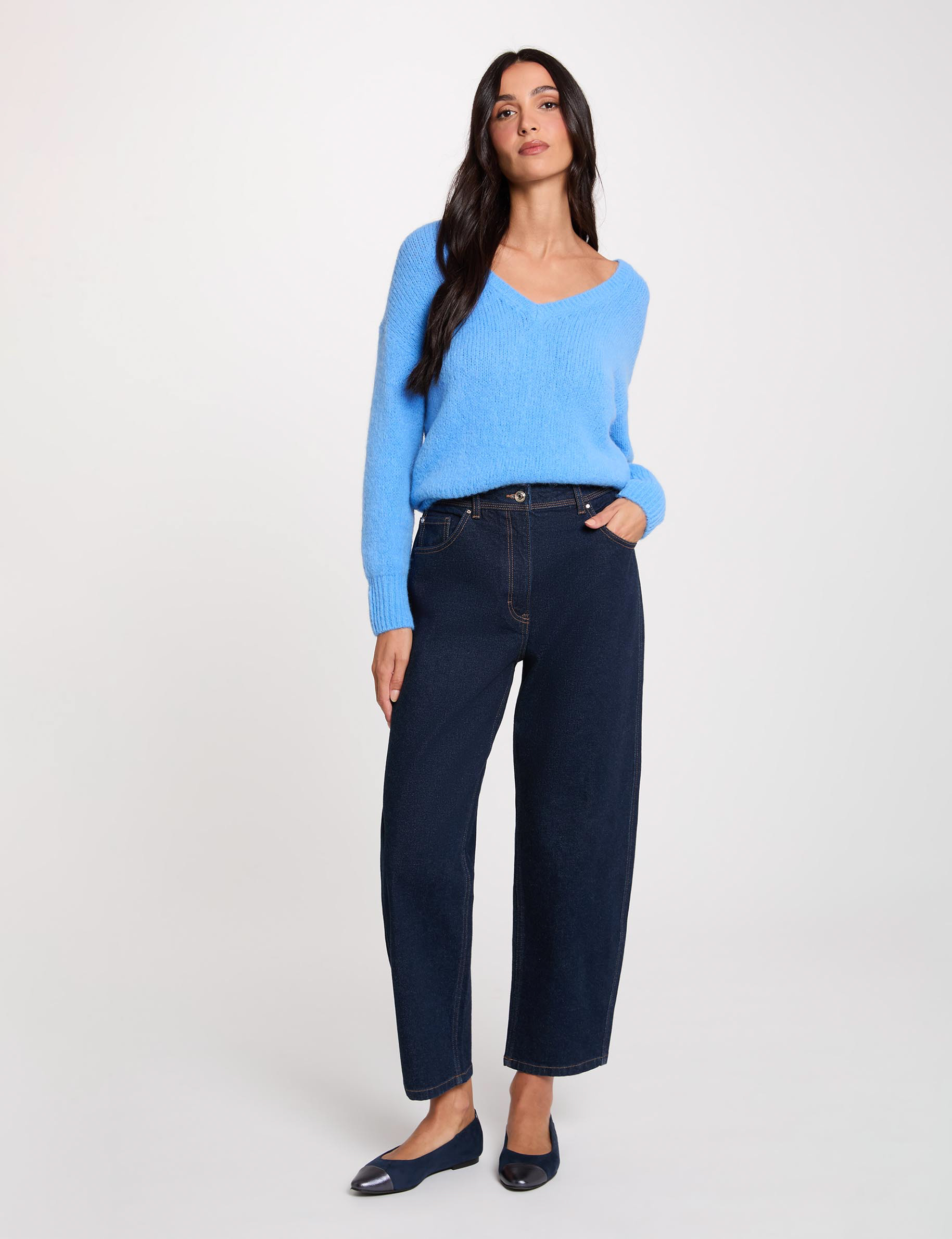 Pull col v manches longues bleu femme