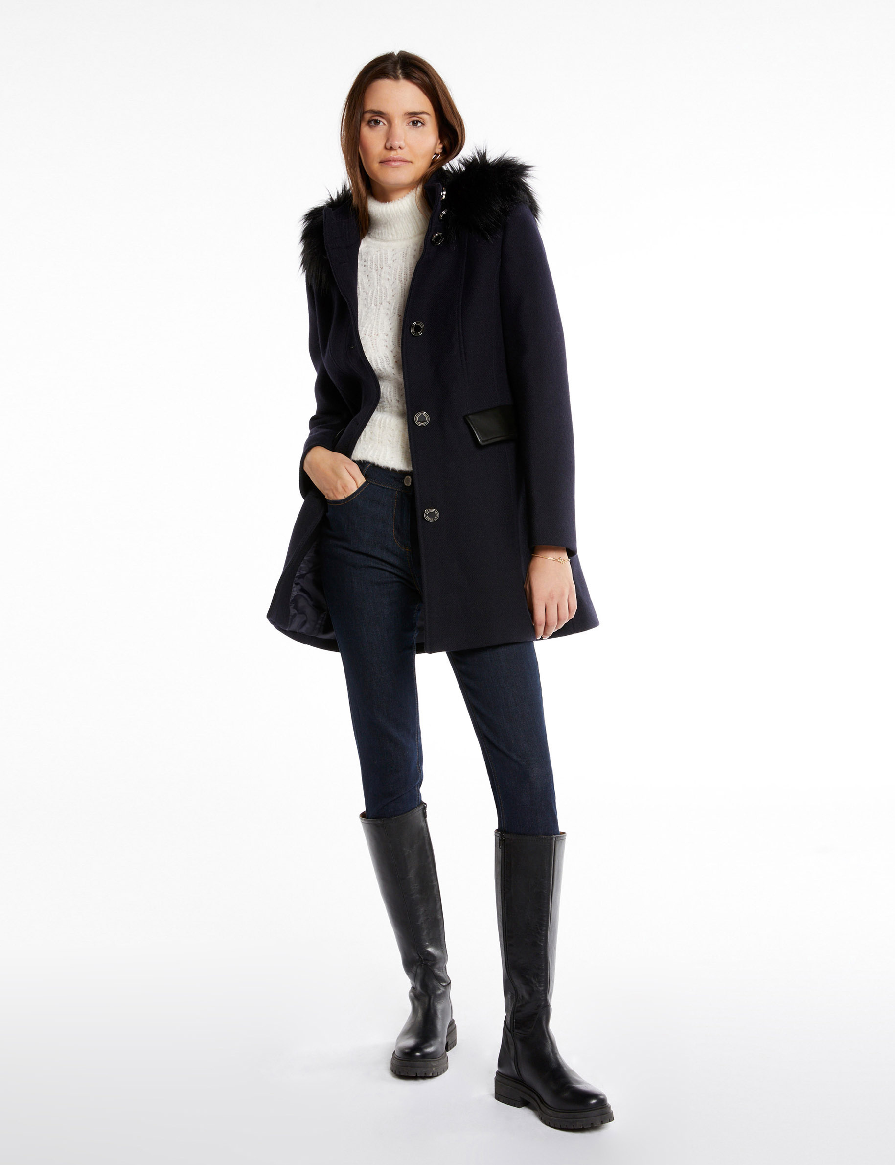Image of Manteau long détails simili cuir marine femme