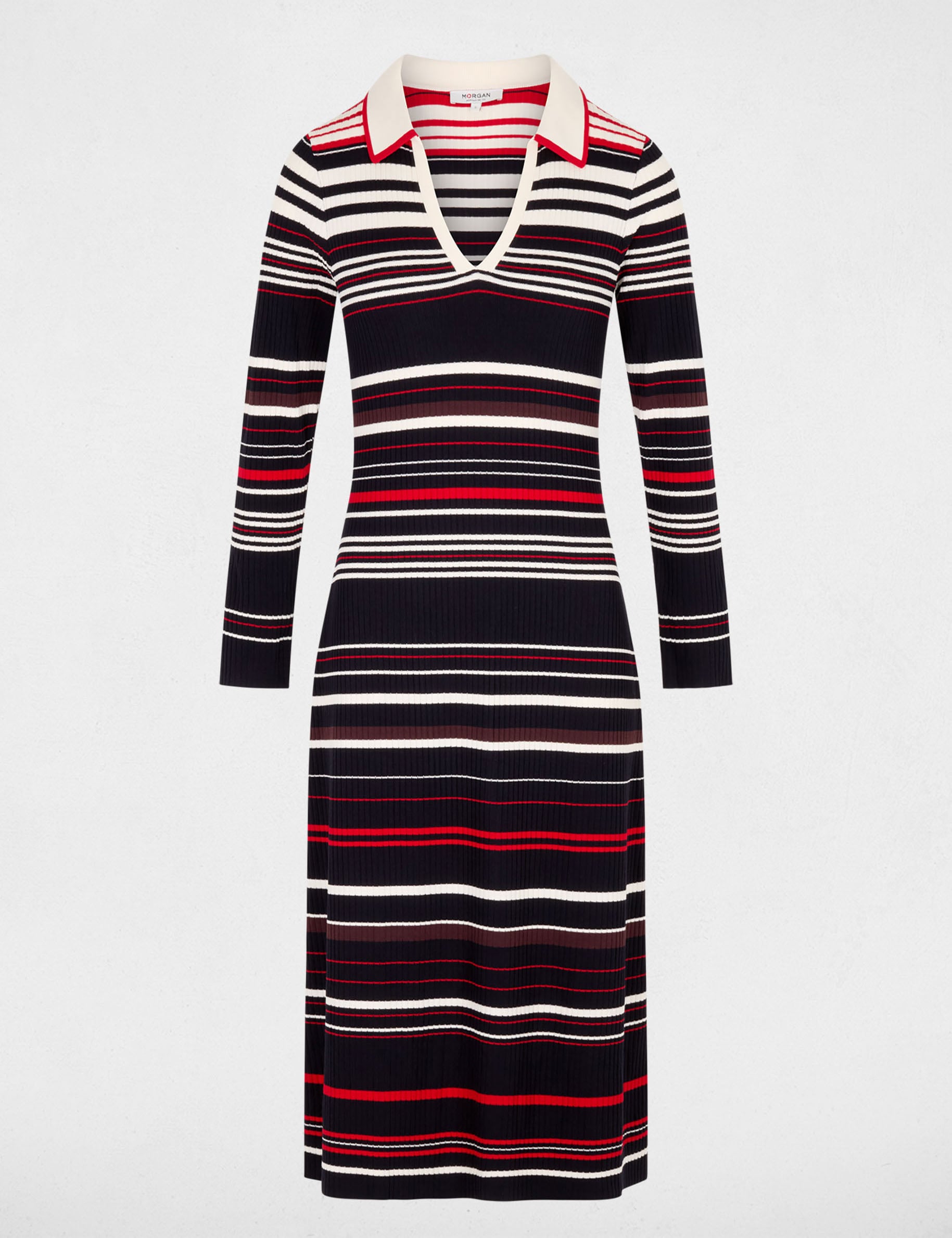 Robe tricot ray&eacute;e manches longues bleu marine femme