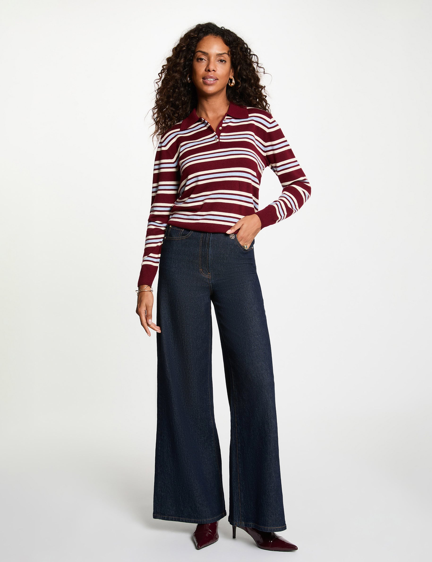 Pull col &agrave; revers bordeaux femme