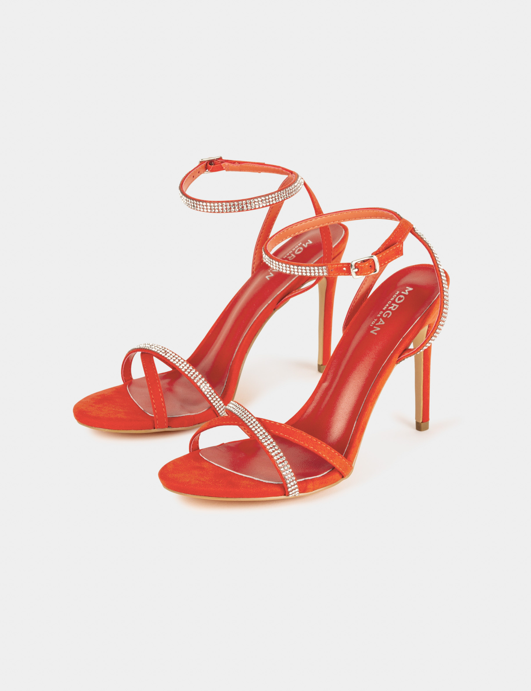 sandales a talons avec details strass orange femme Sandales à talons avec détails strass orange femme