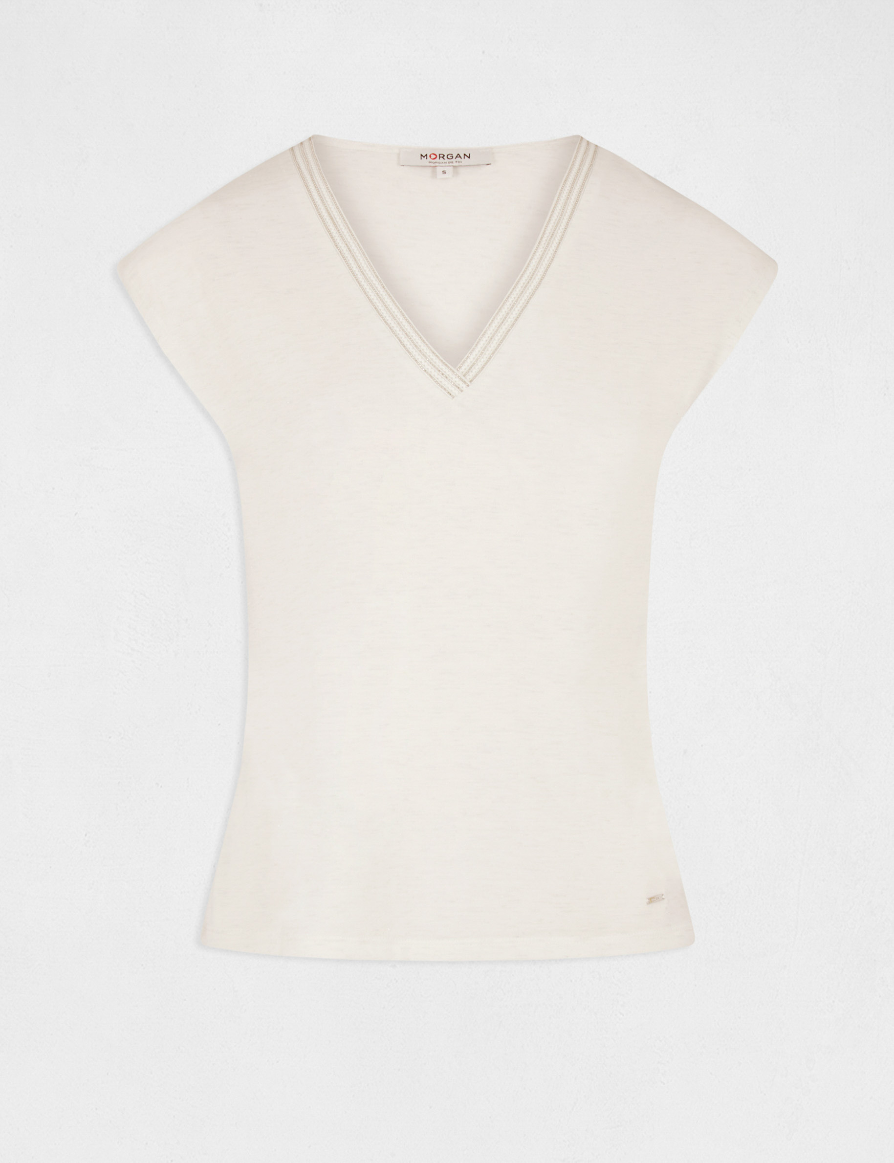 T-shirt manches courtes col en V ecru femme T-shirt manches courtes col en V ecru femme