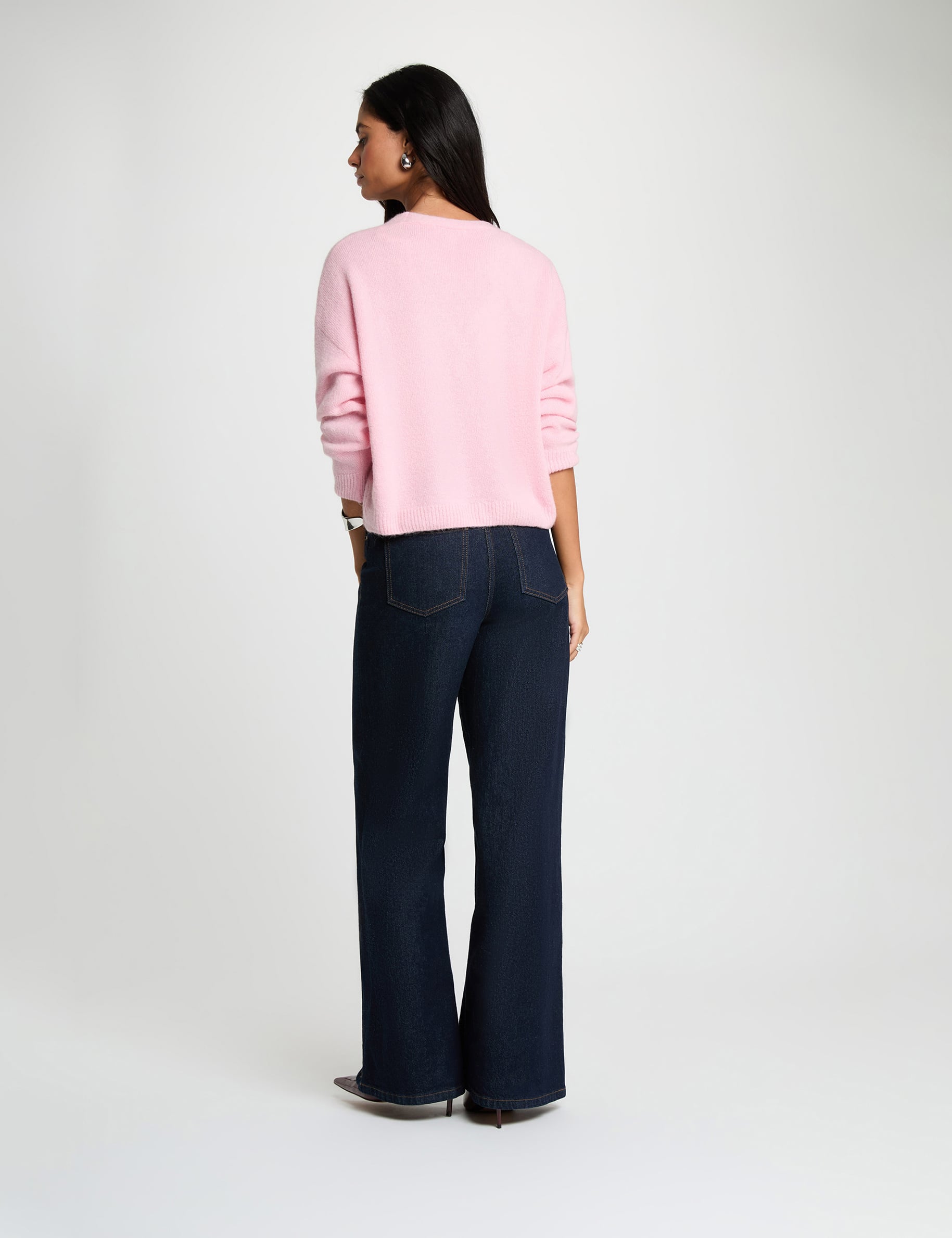 Gilet tricot col v rose pastel femme