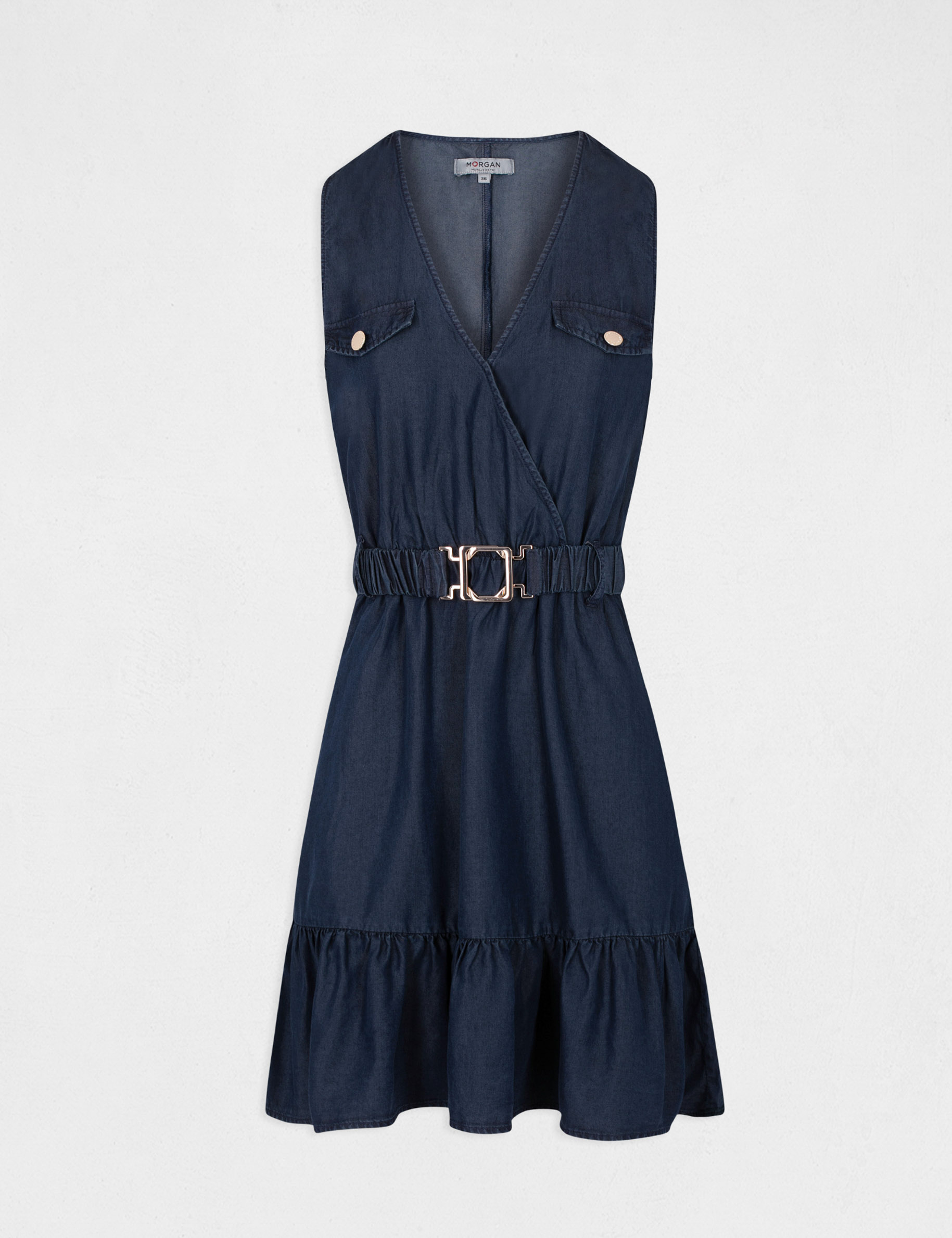Robe droite sans manches ceinturée jean brut femme Robe droite sans manches ceinturée jean brut femme