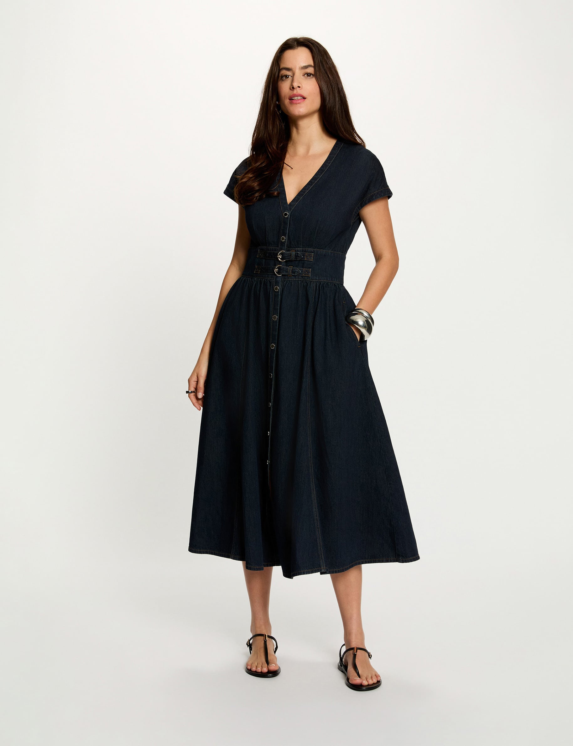 Robe mi-longue en jean bleu femme