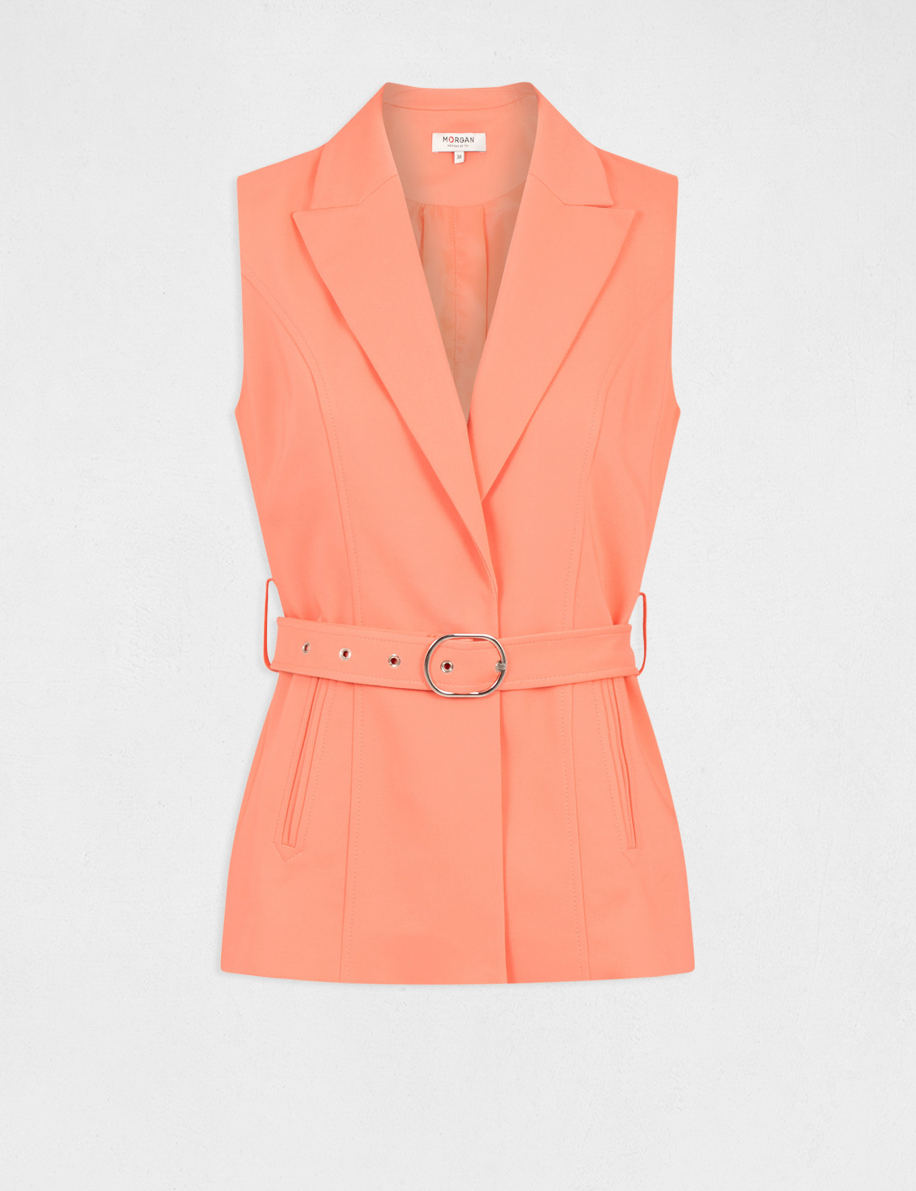 Veste droite sans manches ceinturée orange femme Veste droite sans manches ceinturée orange femme