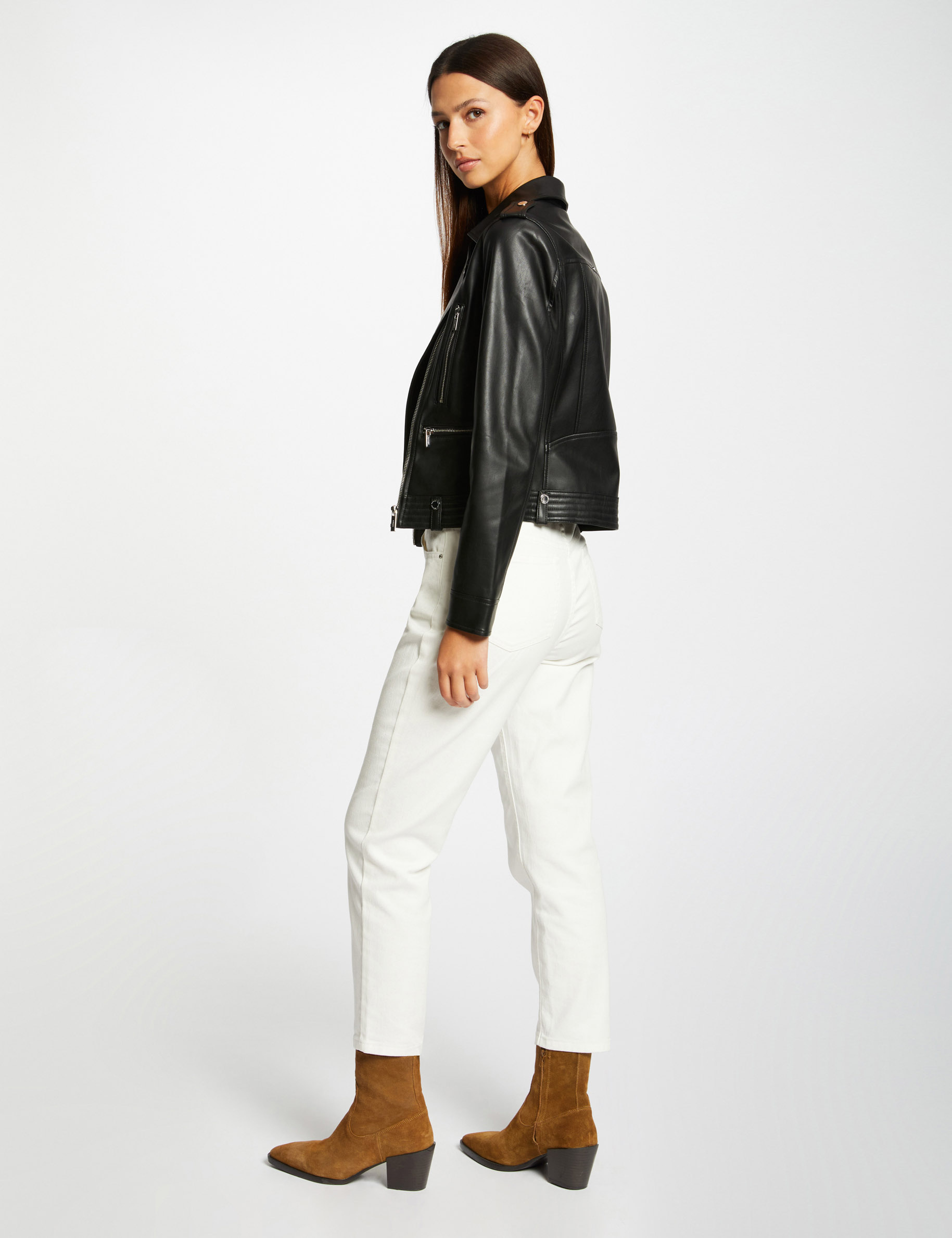 Blouson Femme Cuir Noir Taille 40 – Veste Zippée Sans Marque – Occasion