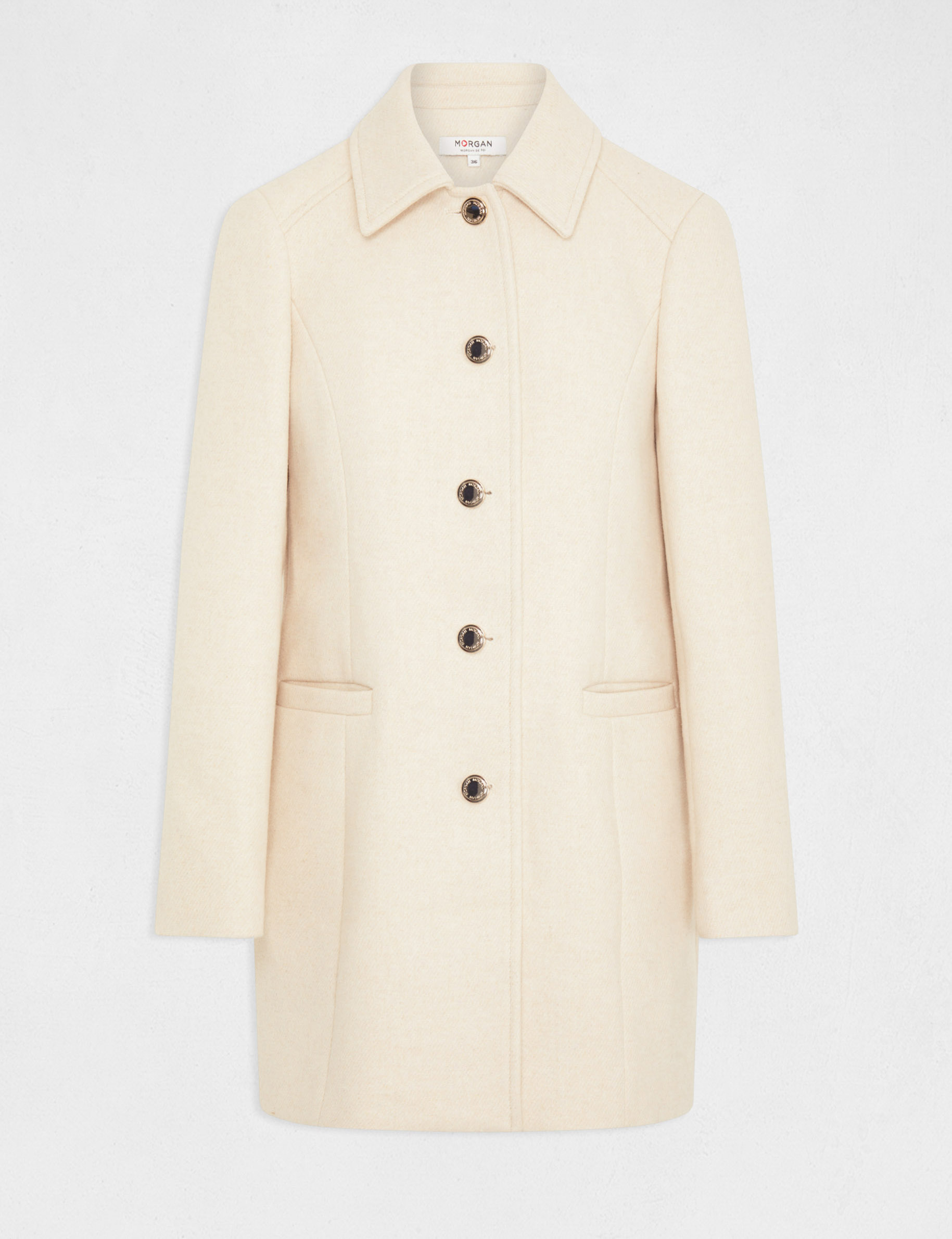 Manteau long droit boutonné ivoire femme