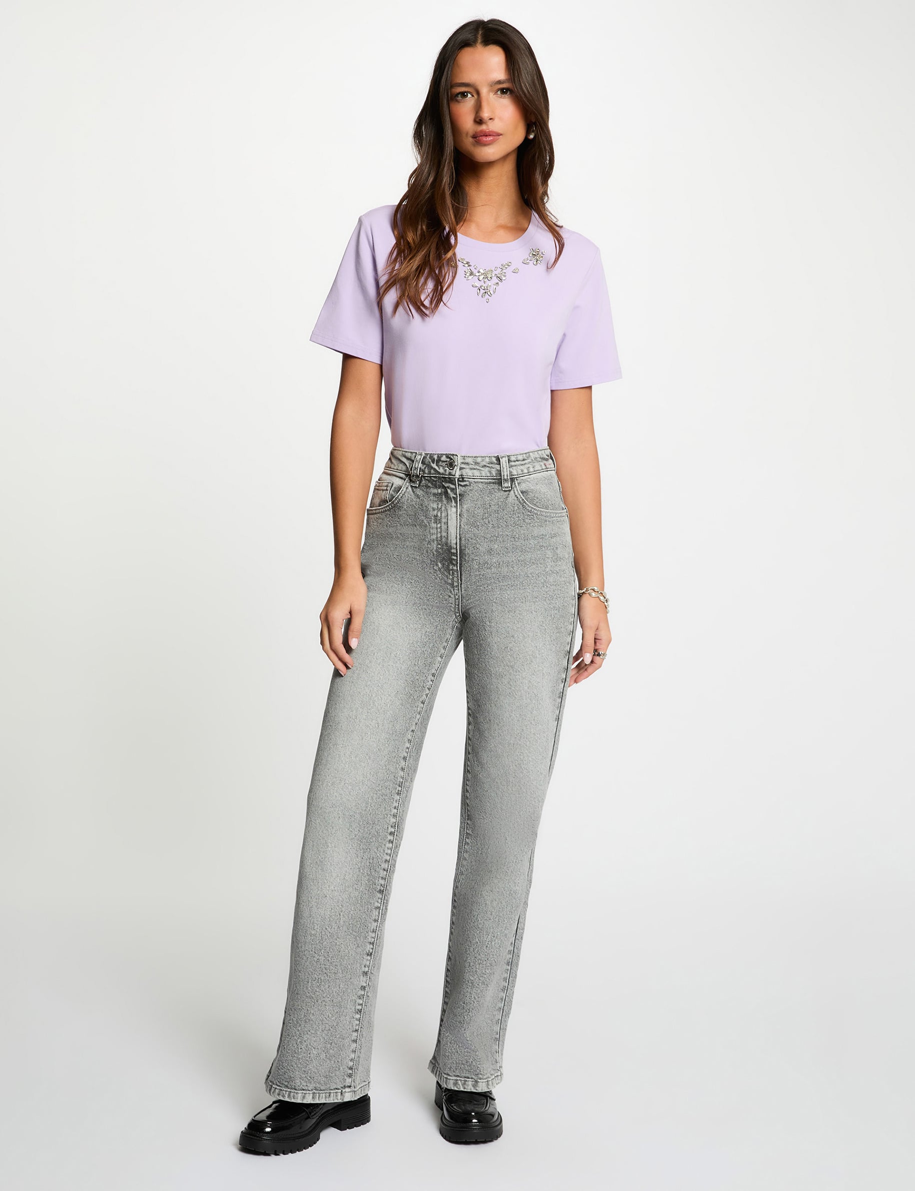 T-shirt strass manches courtes mauve femme