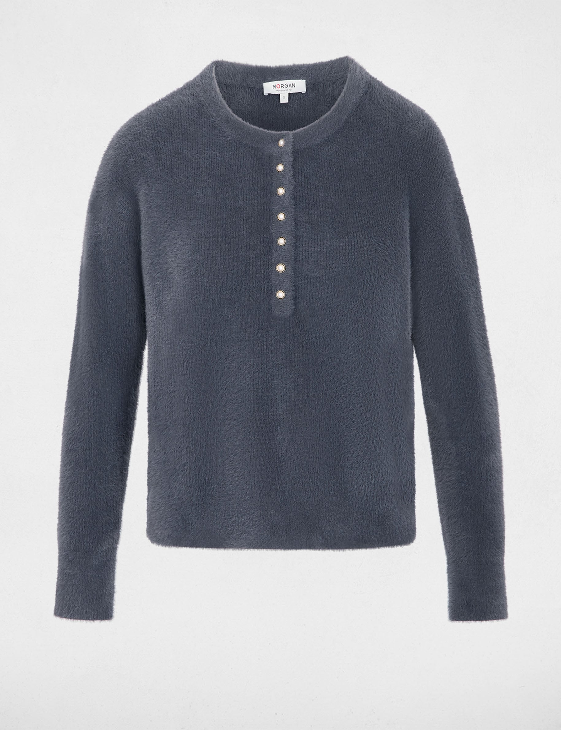 Pull col rond &agrave; boutons denim gris fonce femme