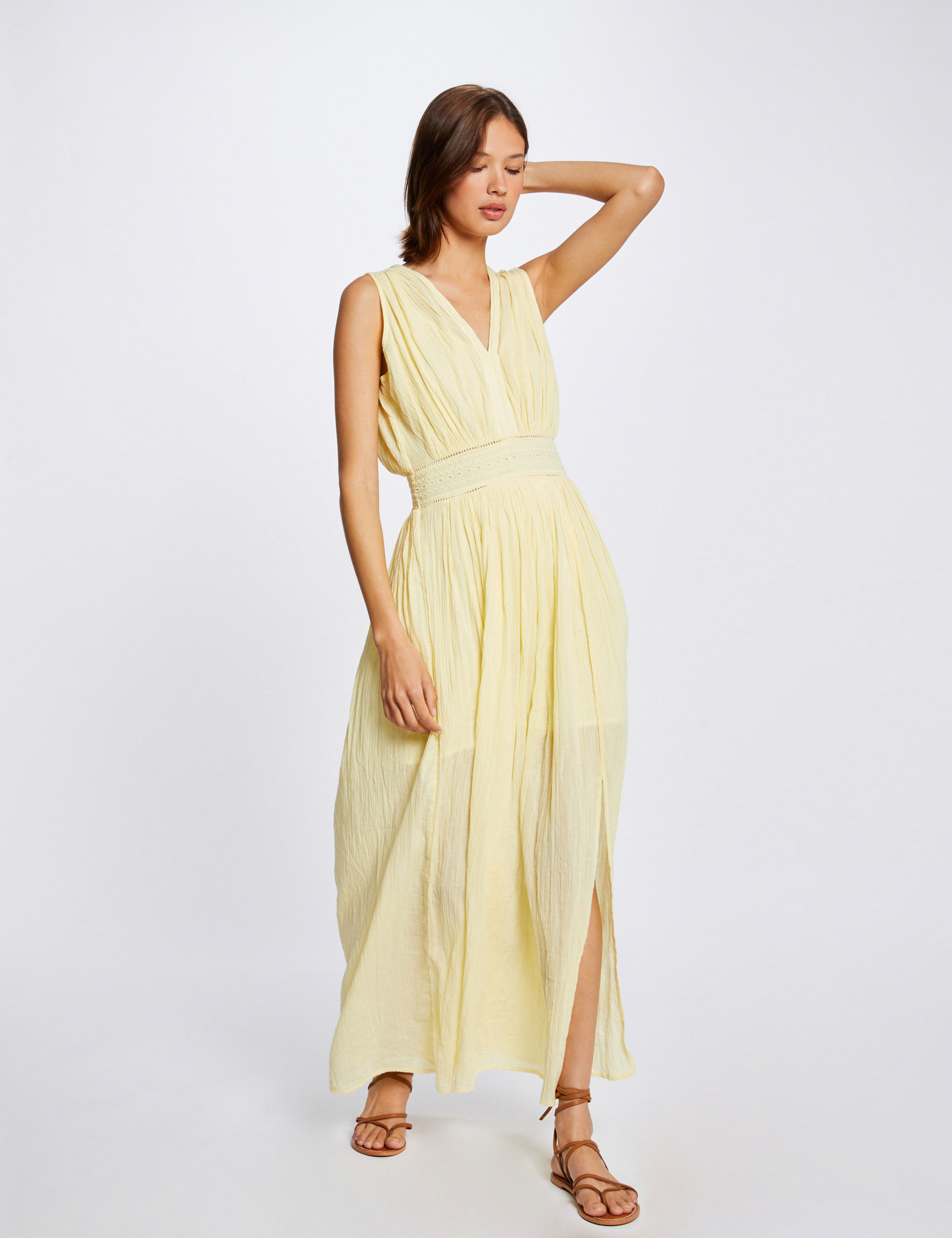 Robe longue droite avec broderie jaune femme