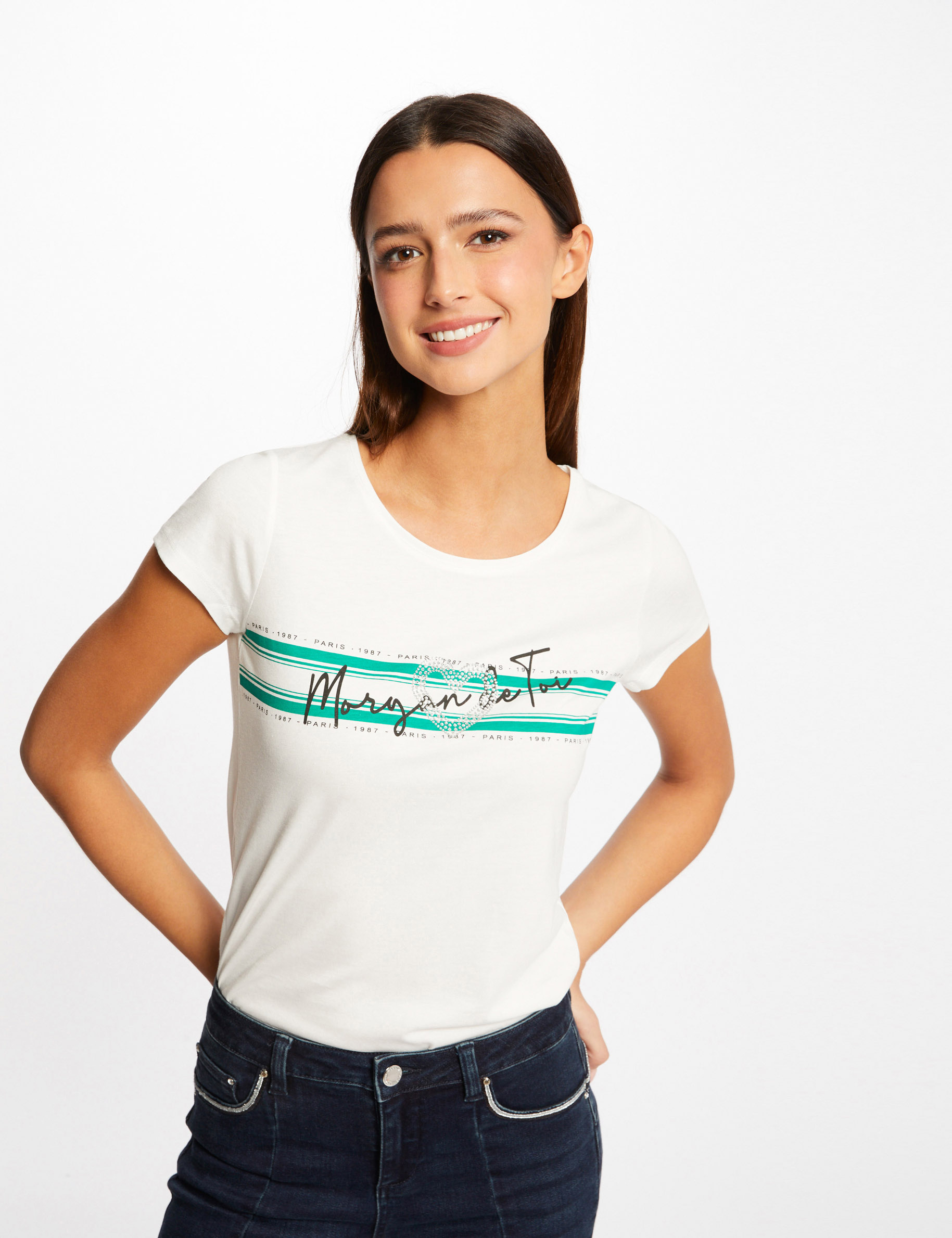 T-shirt manches courtes à inscription vert moyen femme T-shirt manches courtes à inscription vert moyen femme