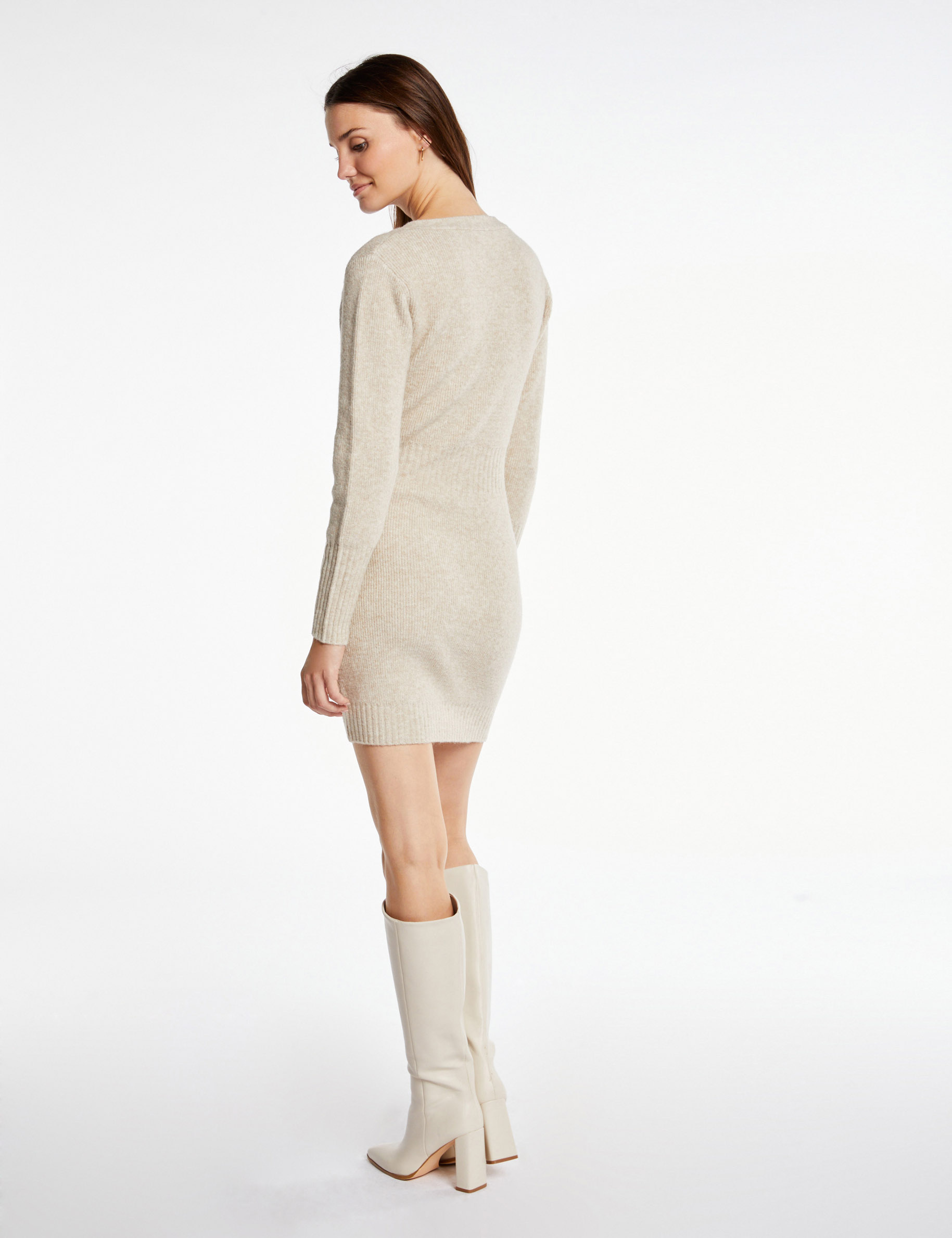 Robe pull ajustée avec boutons beige femme