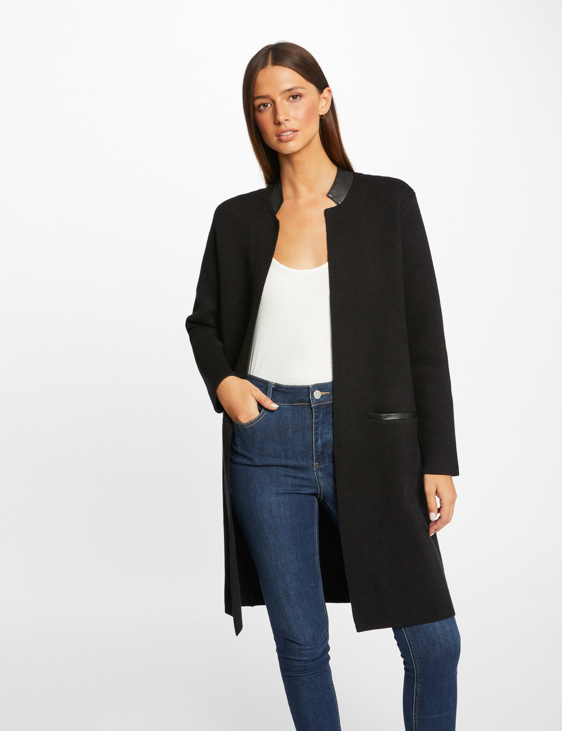 Gilet long droit détails simili cuir noir femme