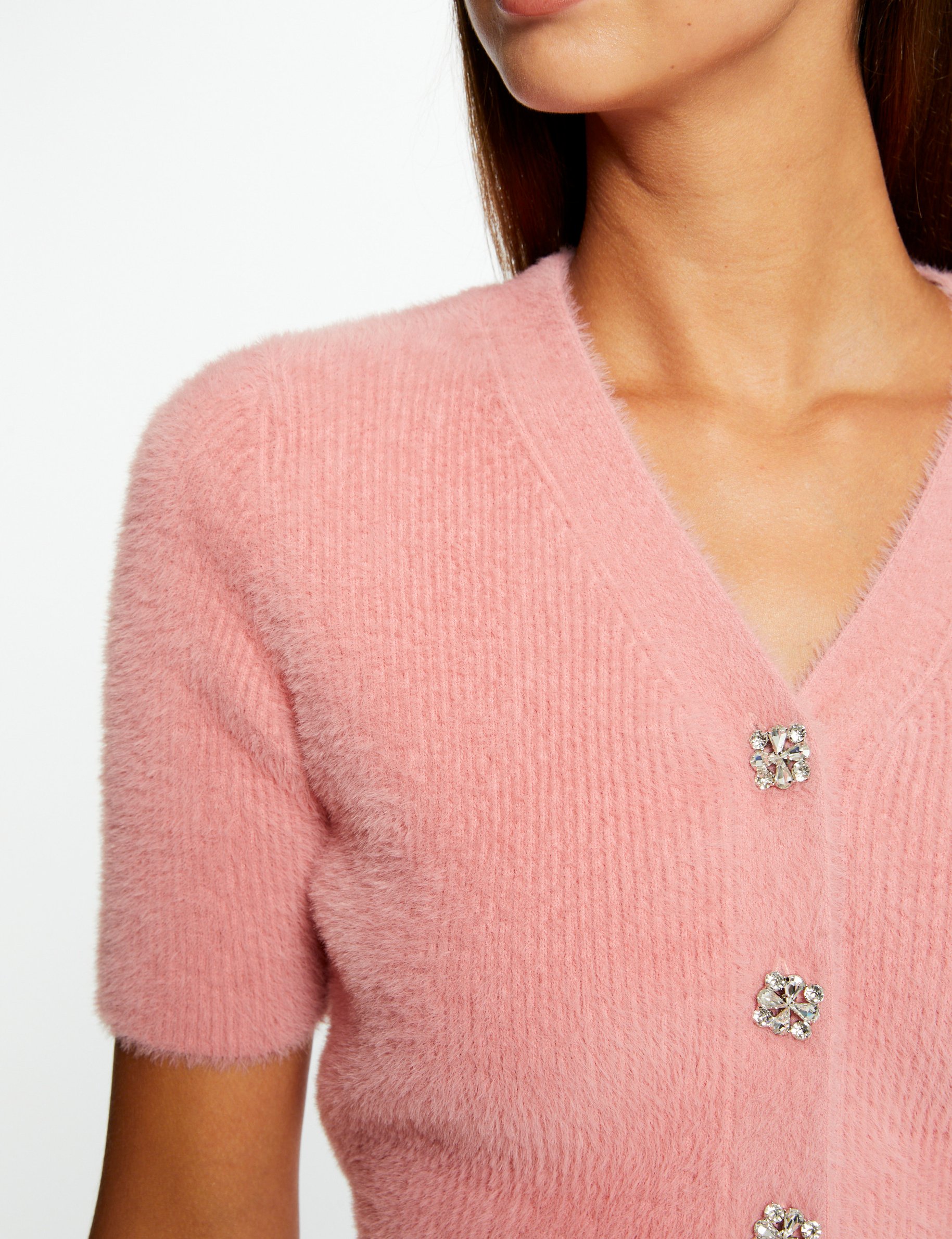 pull manches courtes a boutons rose pale femme Pull manches courtes à boutons rose pale femme