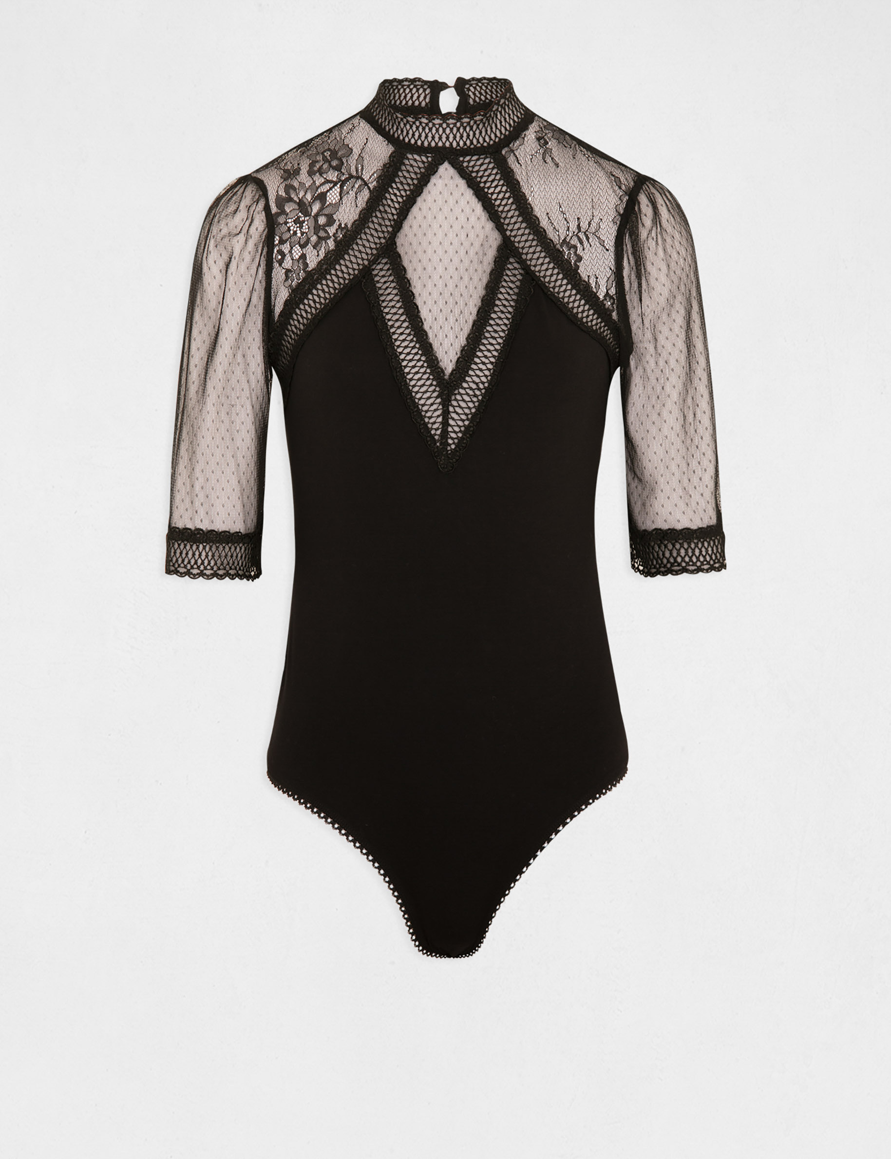 Body manches 3/4 &agrave; dentelle noir femme