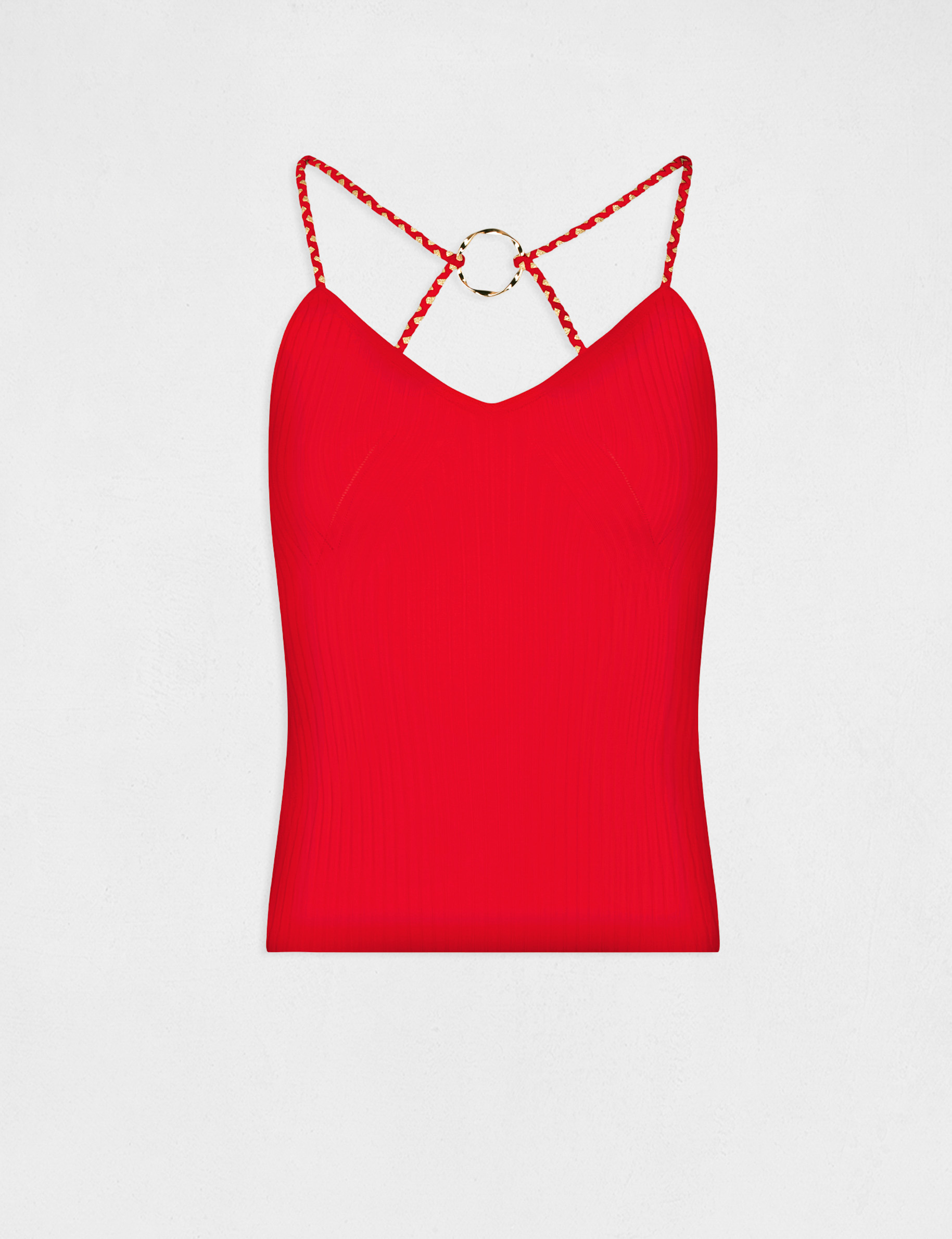 Pull d&eacute;bardeur avec boucle rouge femme