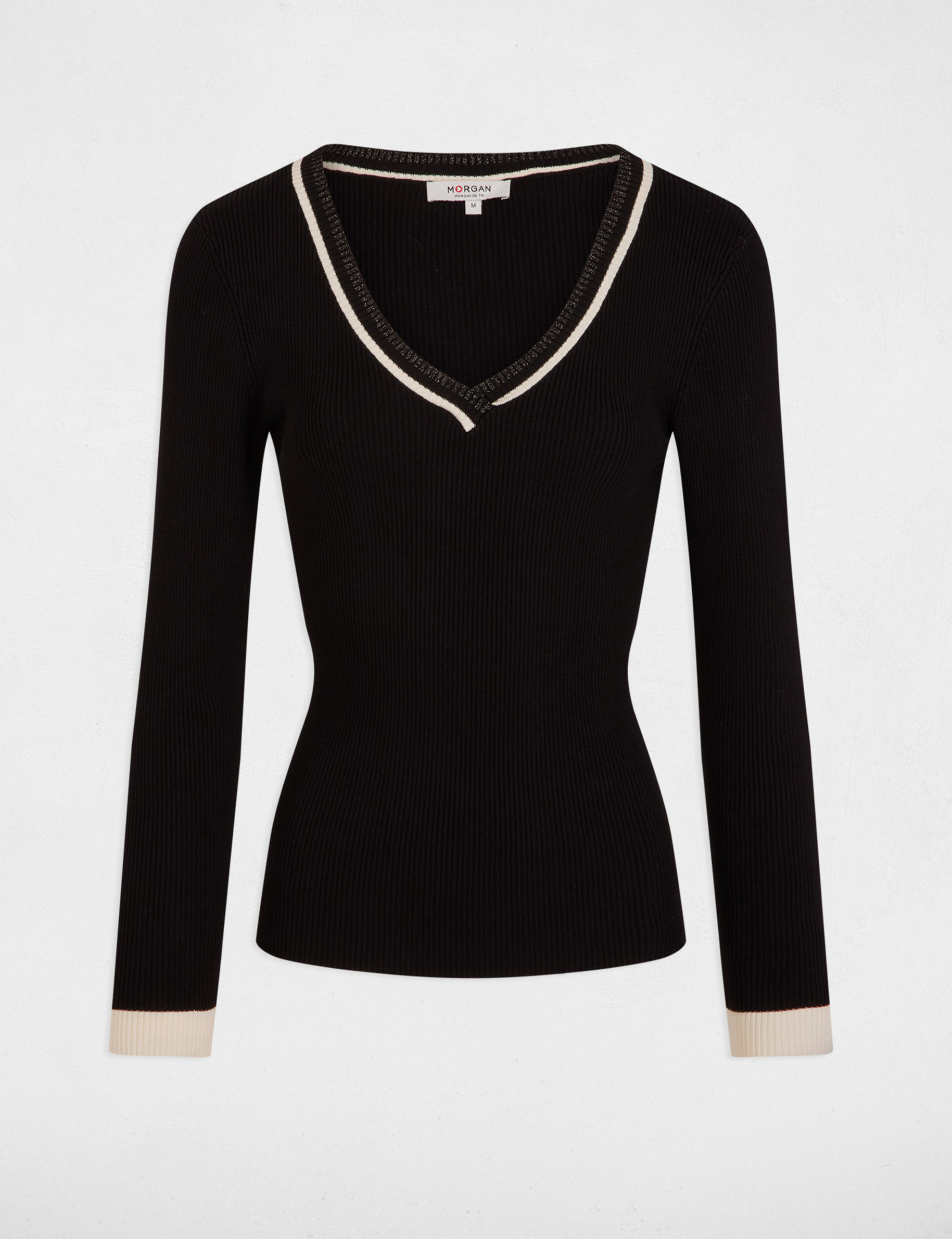 Pull manches longues col en V noir femme