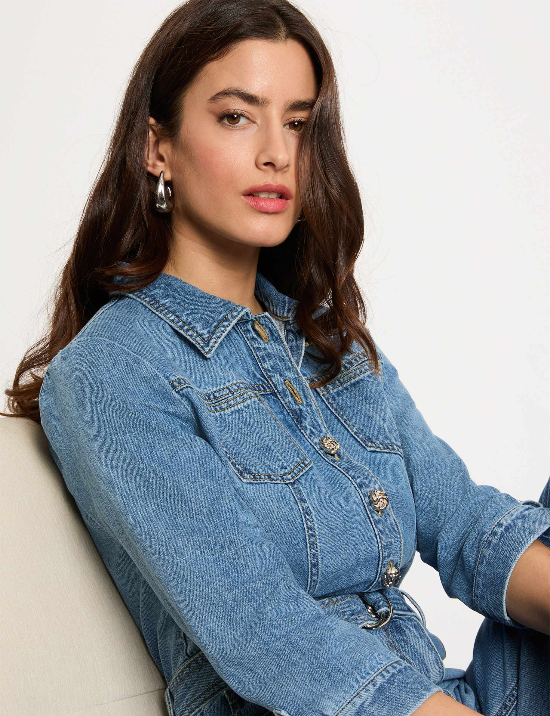 Combinaison jean jambes larges denim stone femme