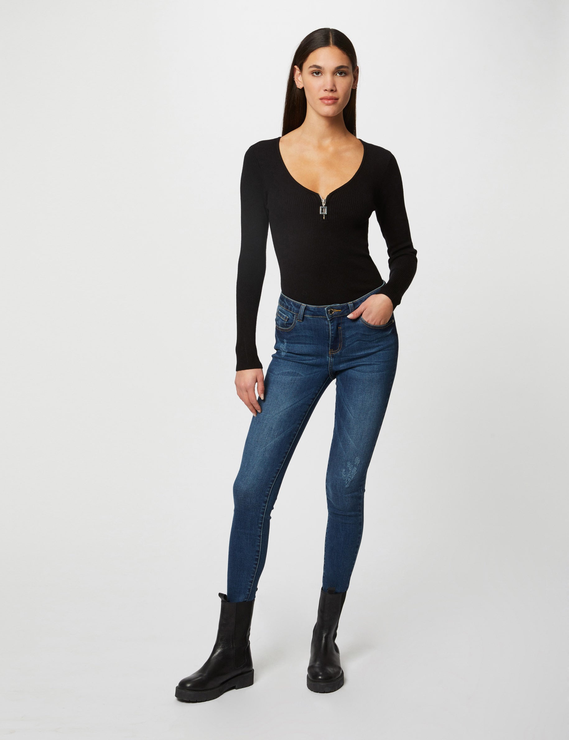 Pull fin col v noir femme