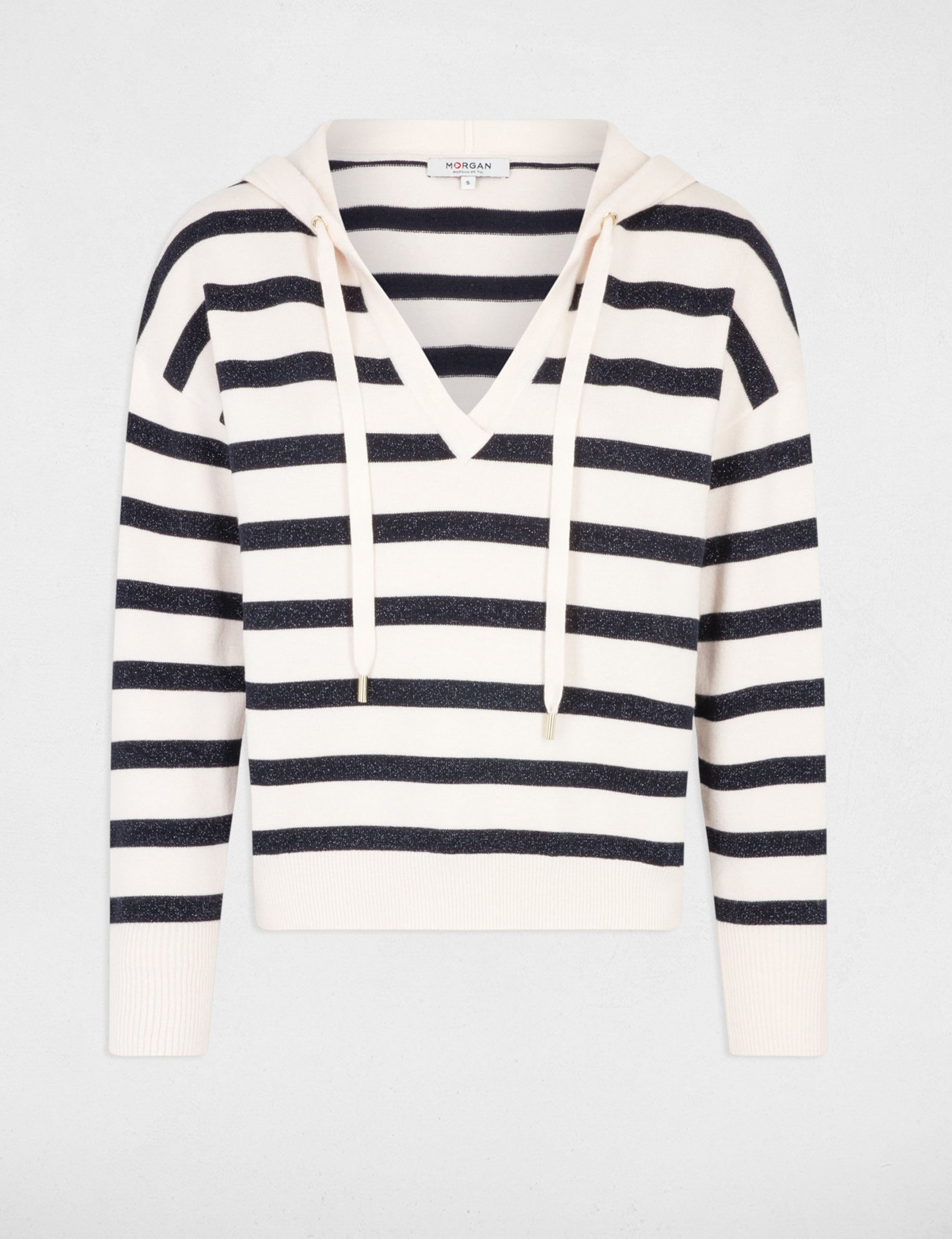 Pull col en V &agrave; capuche ivoire femme