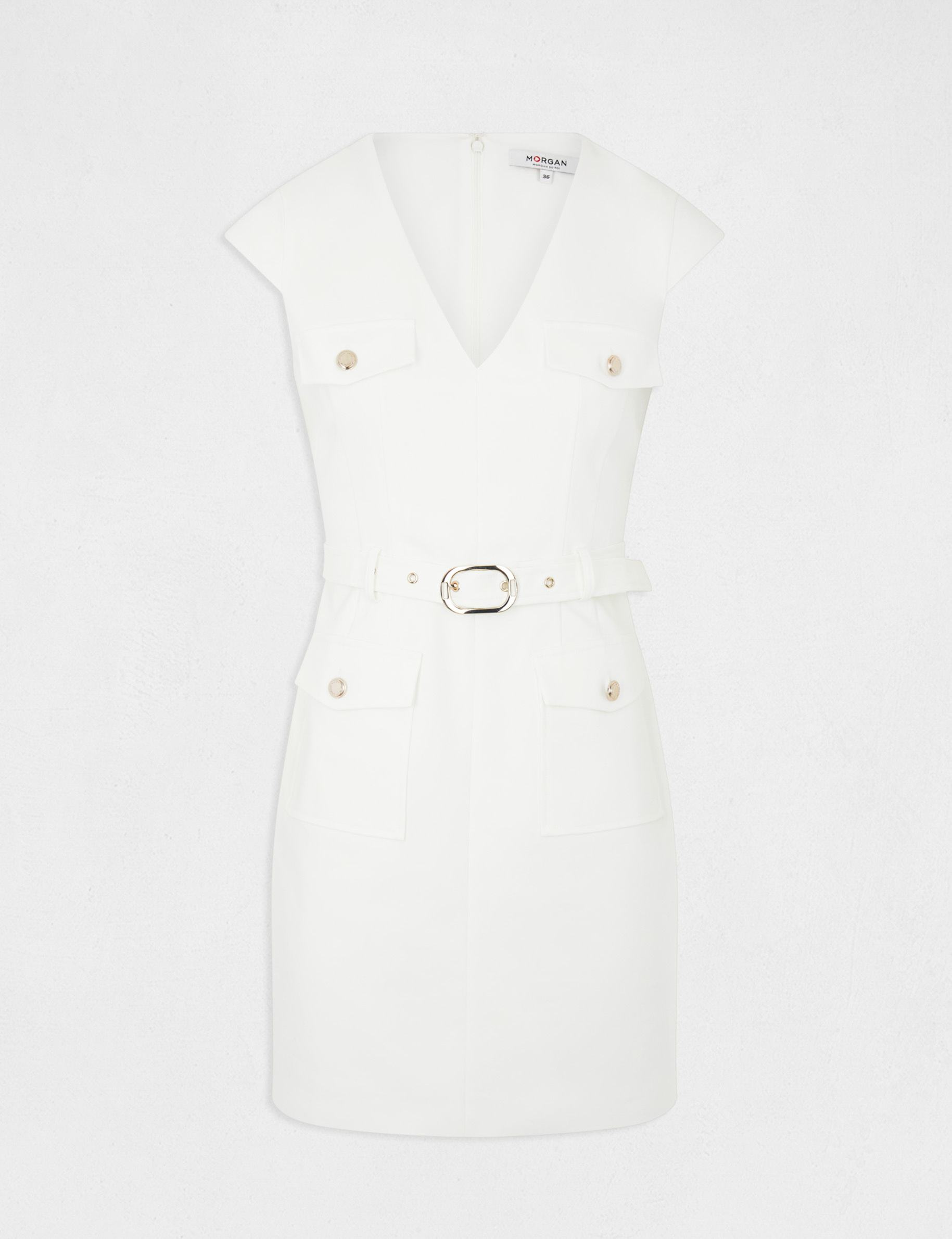Robe ajustée ceinturée avec col en V ecru femme Robe ajustée ceinturée avec col en V ecru femme