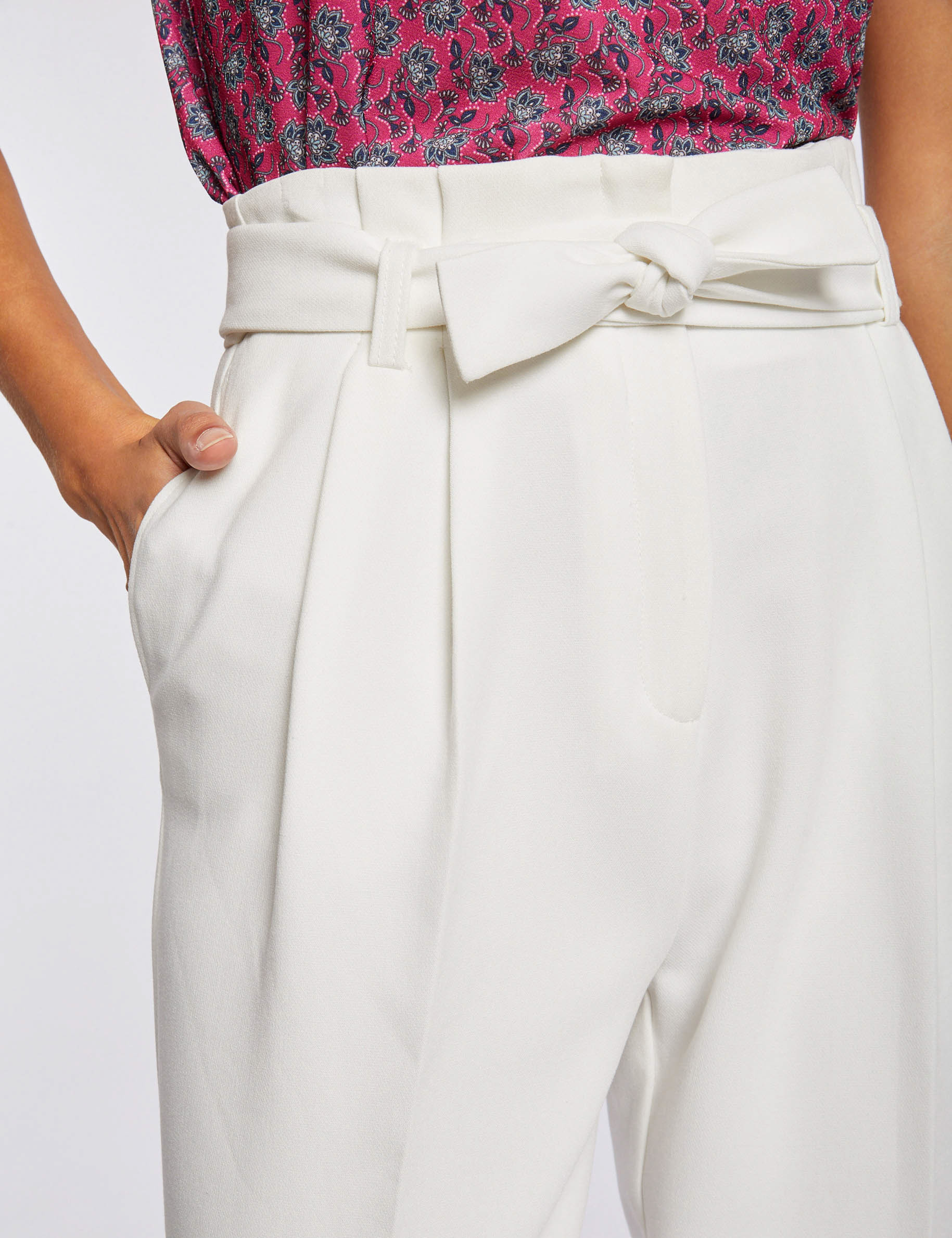 Pantalon city paperbag taille haute ecru femme
