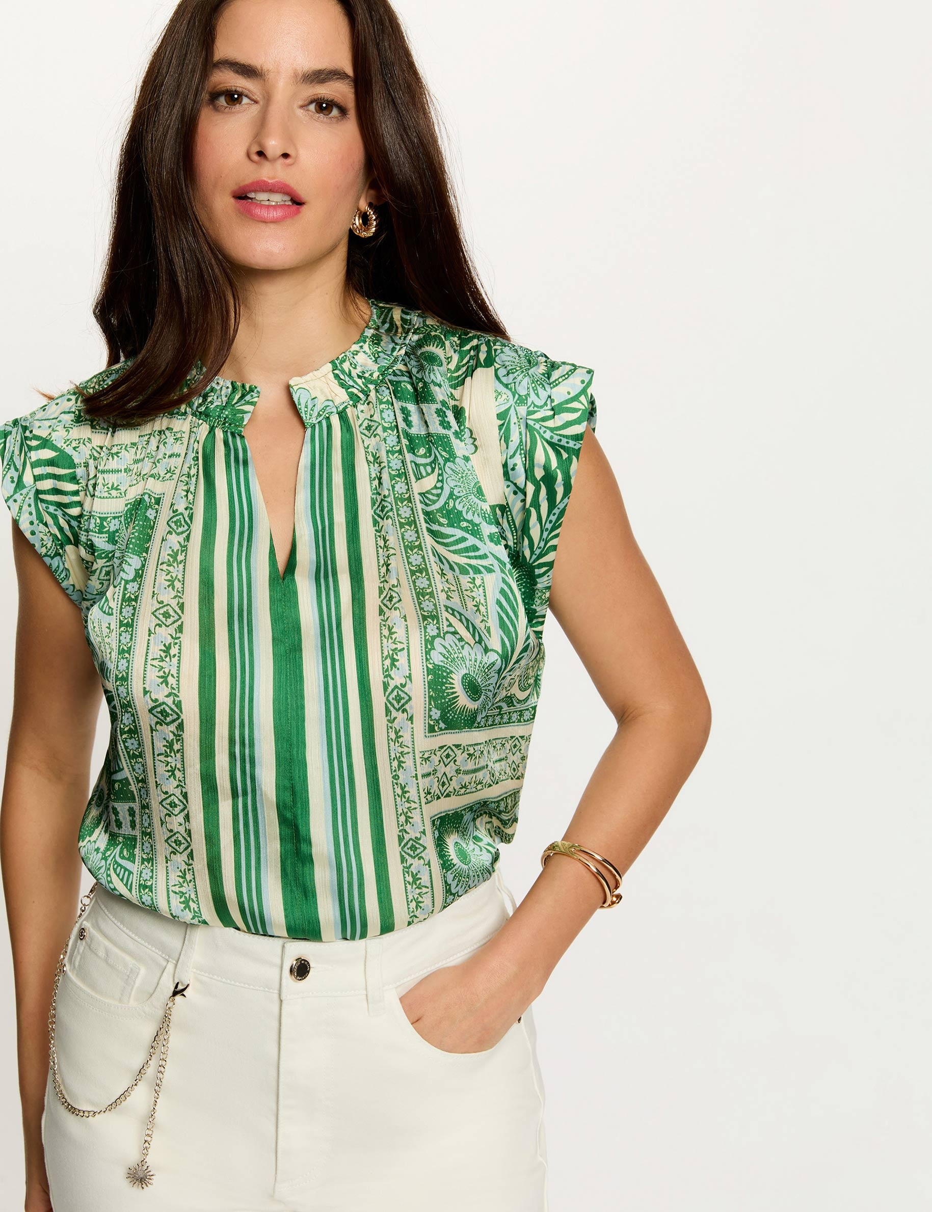 Blouse sans manches col v multicolore femme