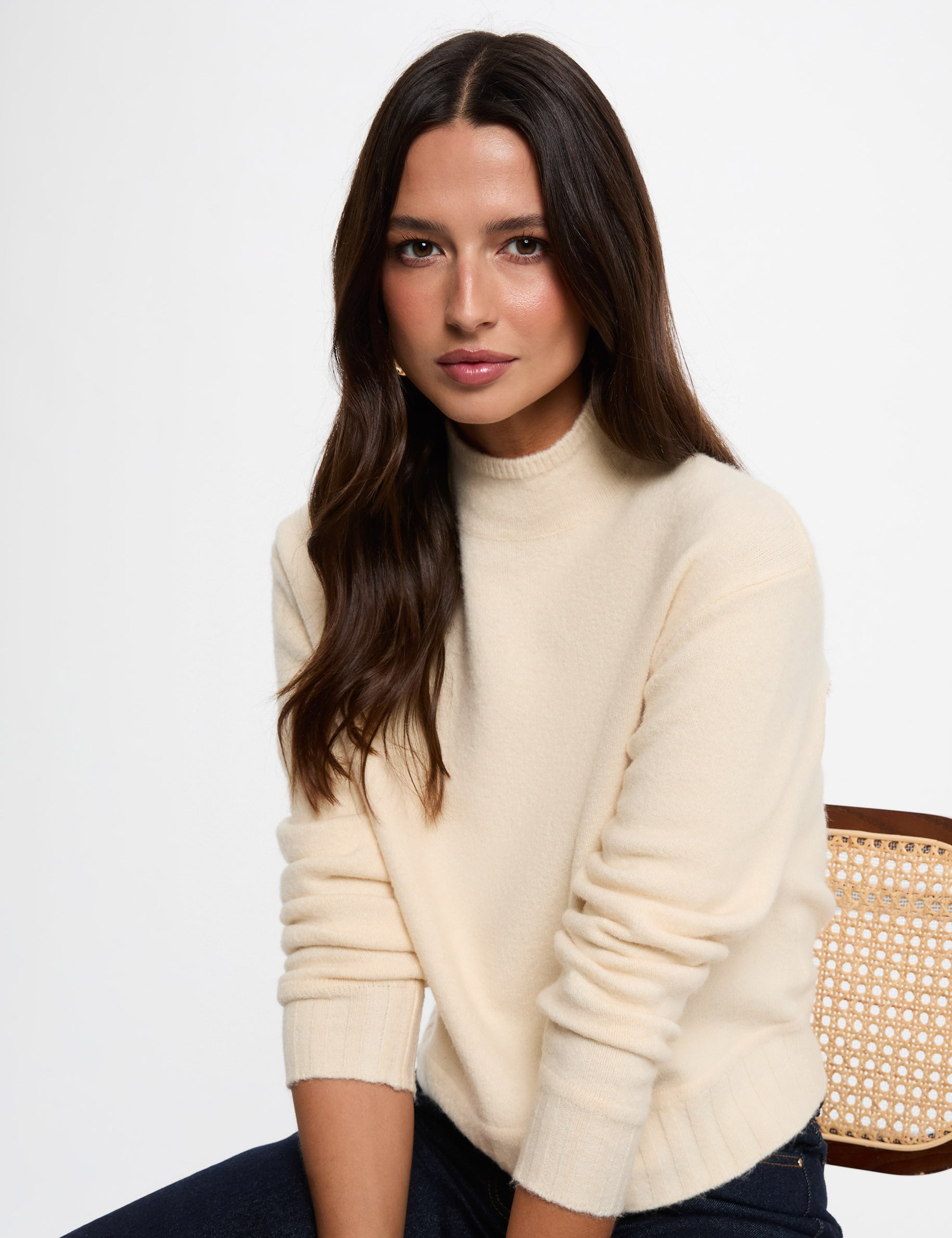 Pull col montant beige femme