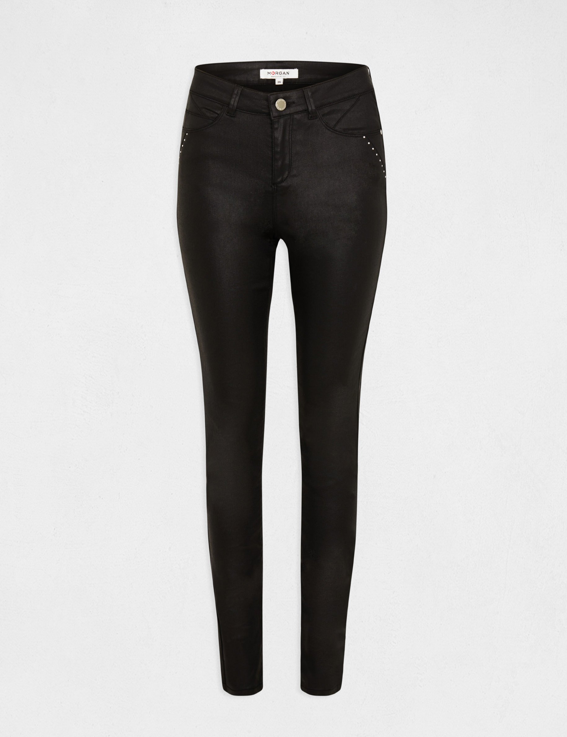 pantalon slim enduit a details cloutes noir femme Pantalon slim enduit à détails cloutés noir femme