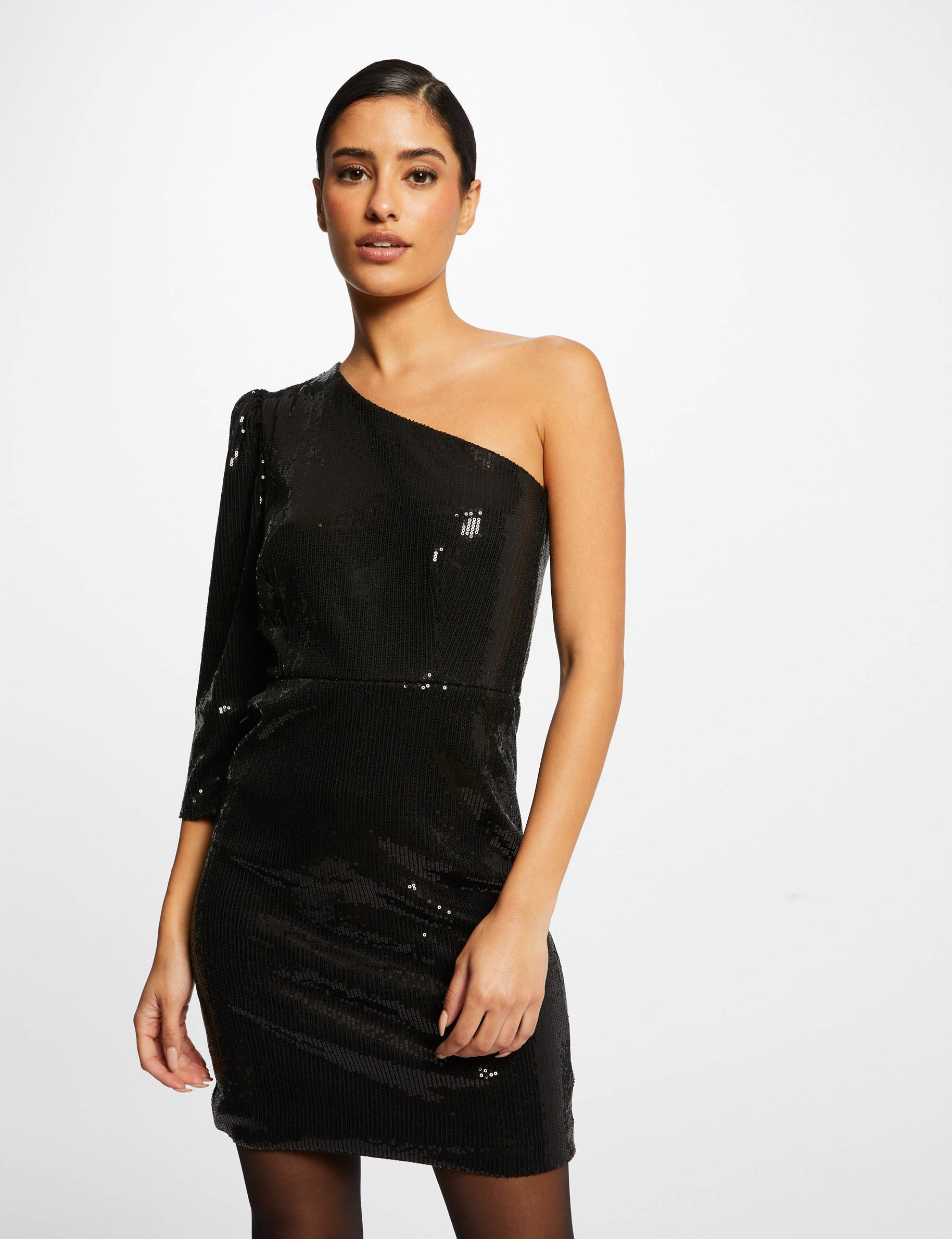 Robe ajustée asymétrique à sequins noir femme Morgan