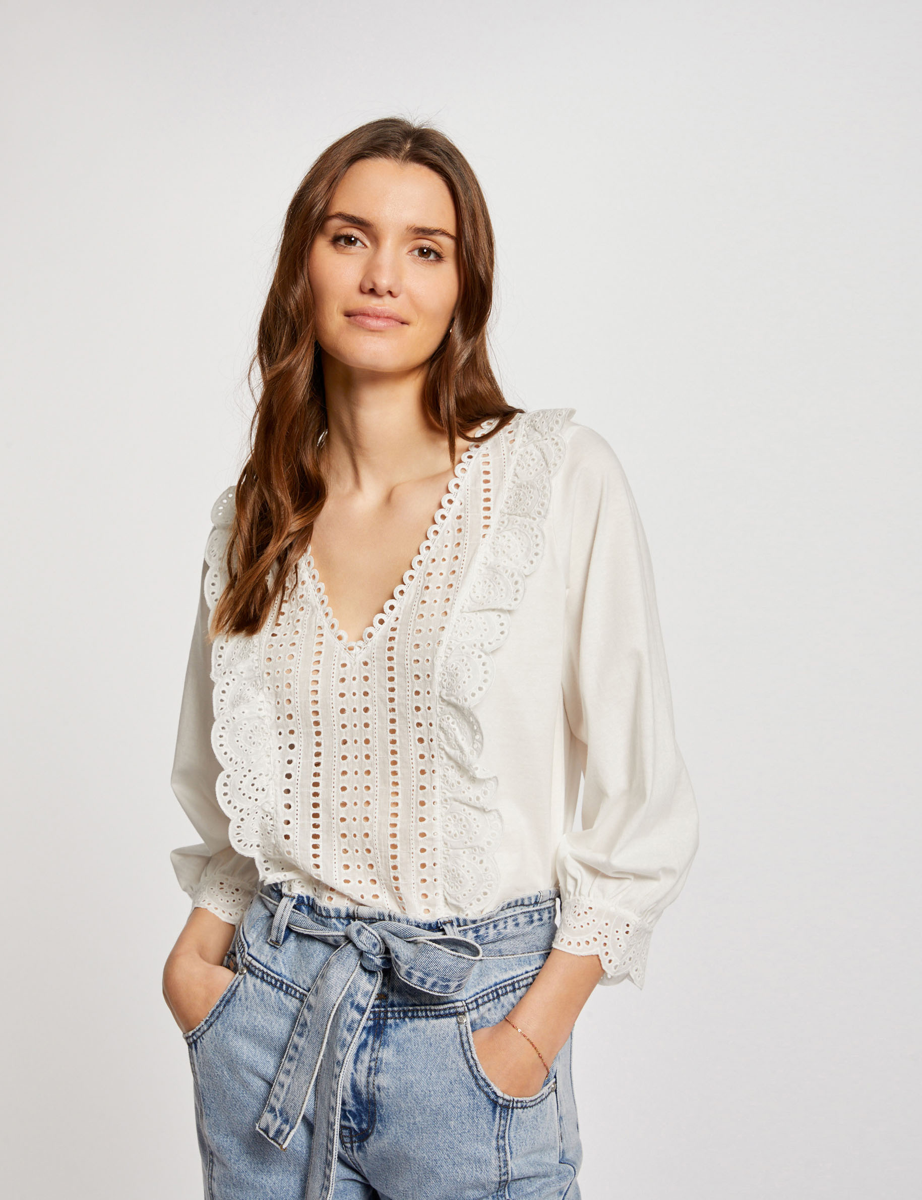 t shirt manches 34 broderie ecru femme T-shirt manches 3/4 broderie ecru femme