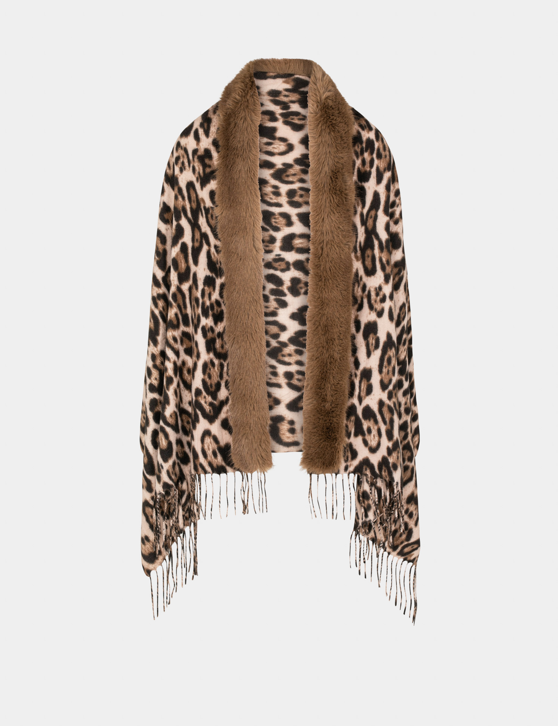 Poncho avec franges et imprimé léopard marron femme Poncho avec franges et imprimé léopard marron femme