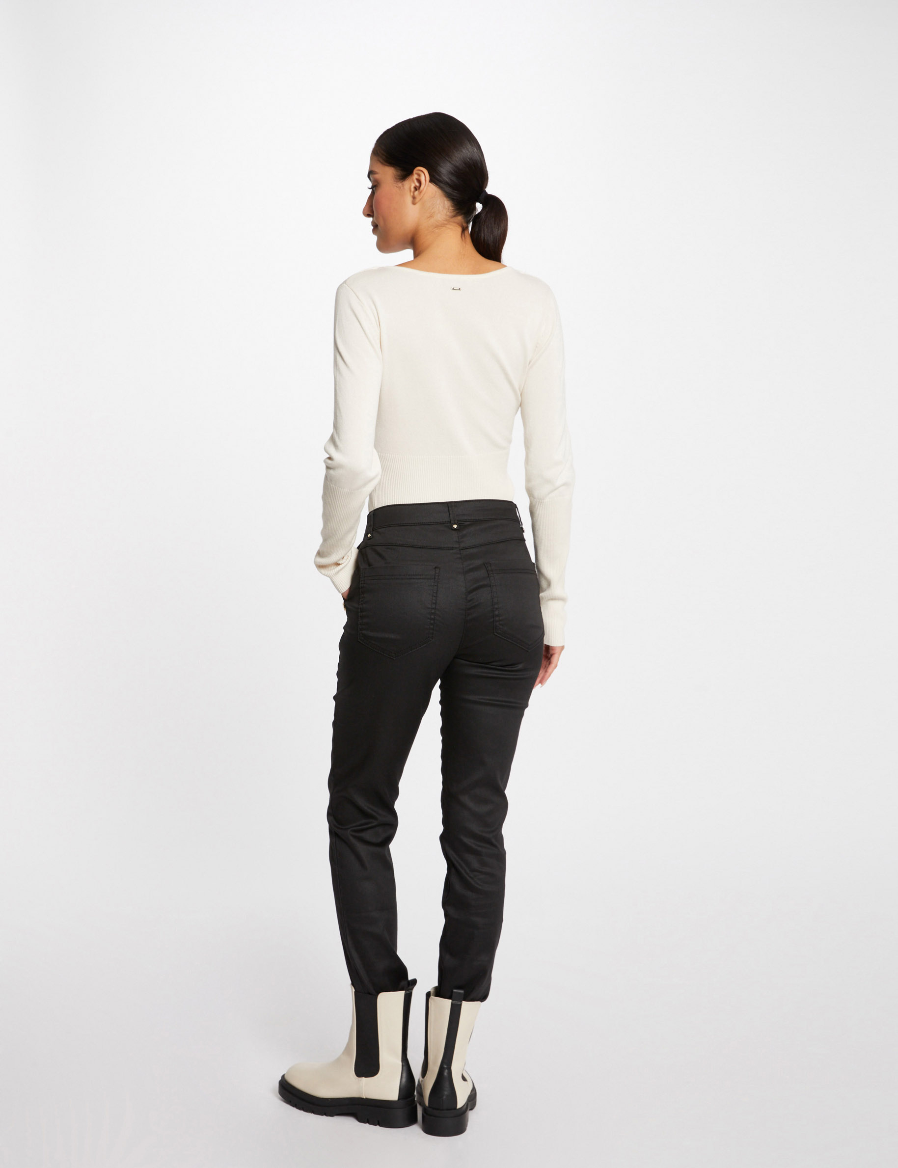 Pantalon slim enduit à pont noir femme