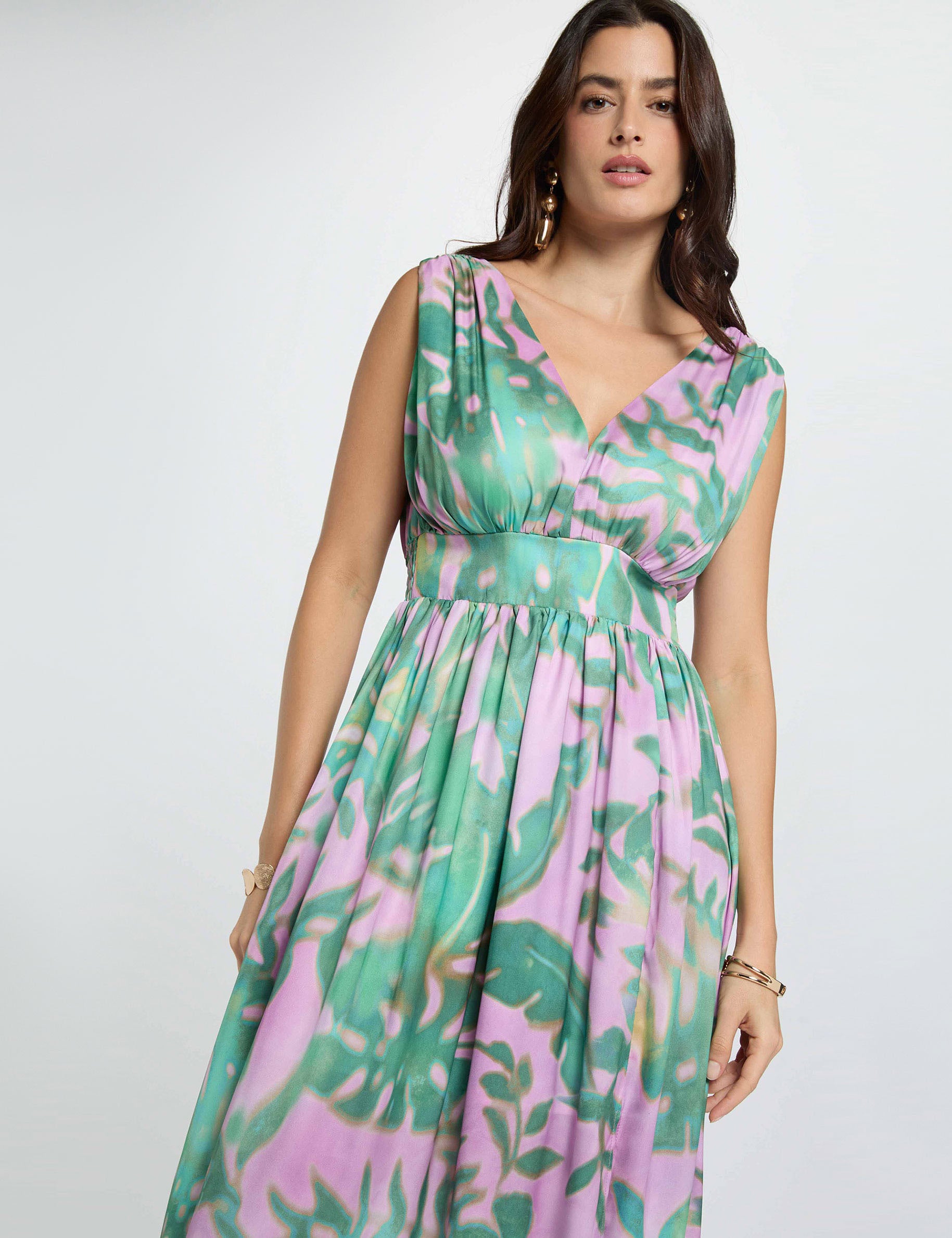Robe longue col v multicolore femme