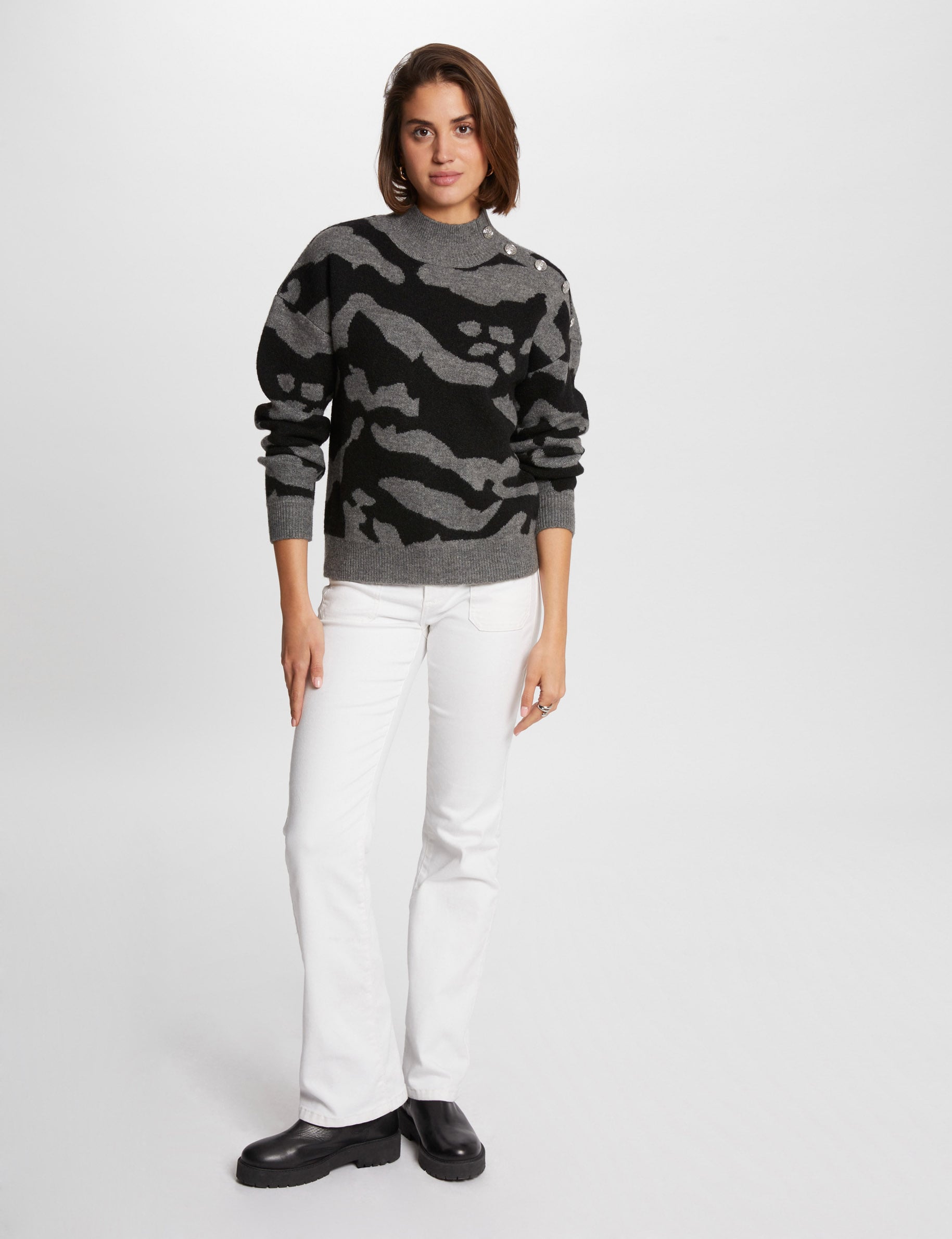 Pull col montant imprim&eacute; gris anthracite femme