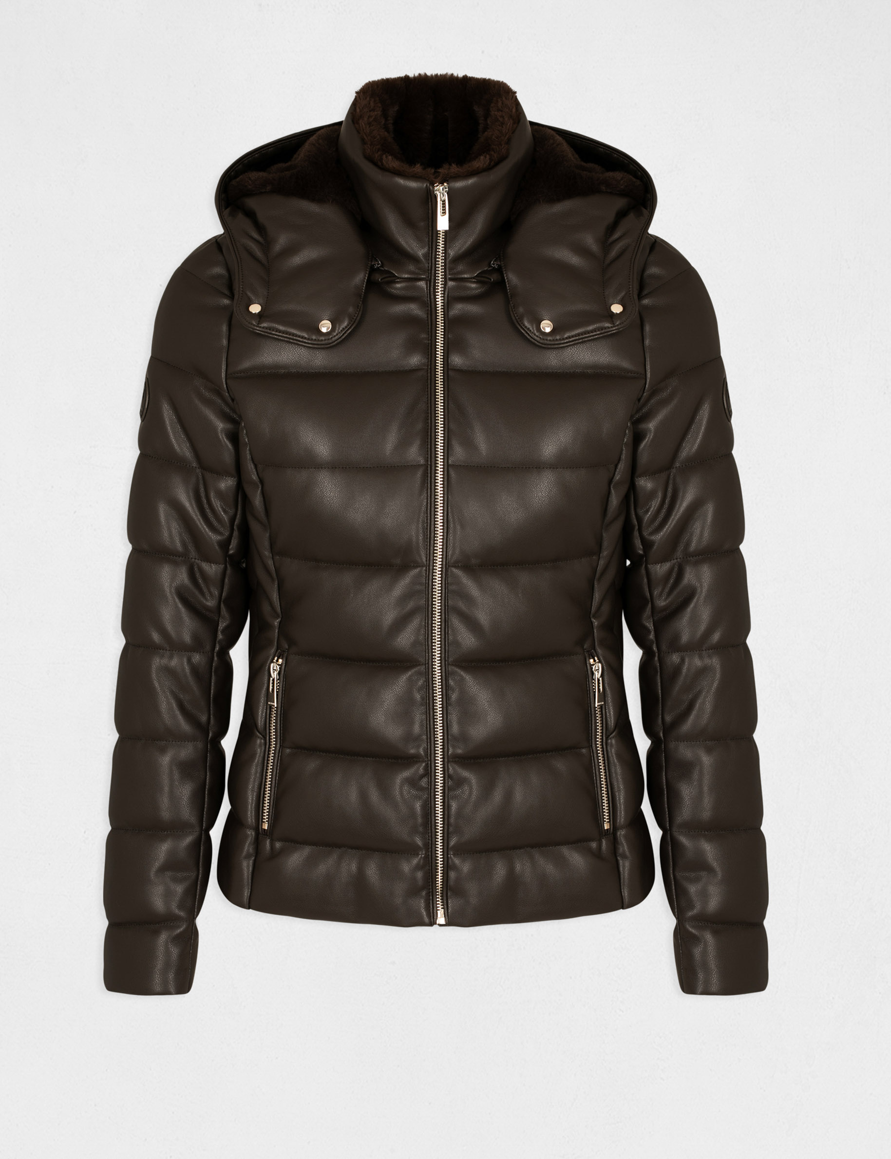 Doudoune droite à capuche marron femme