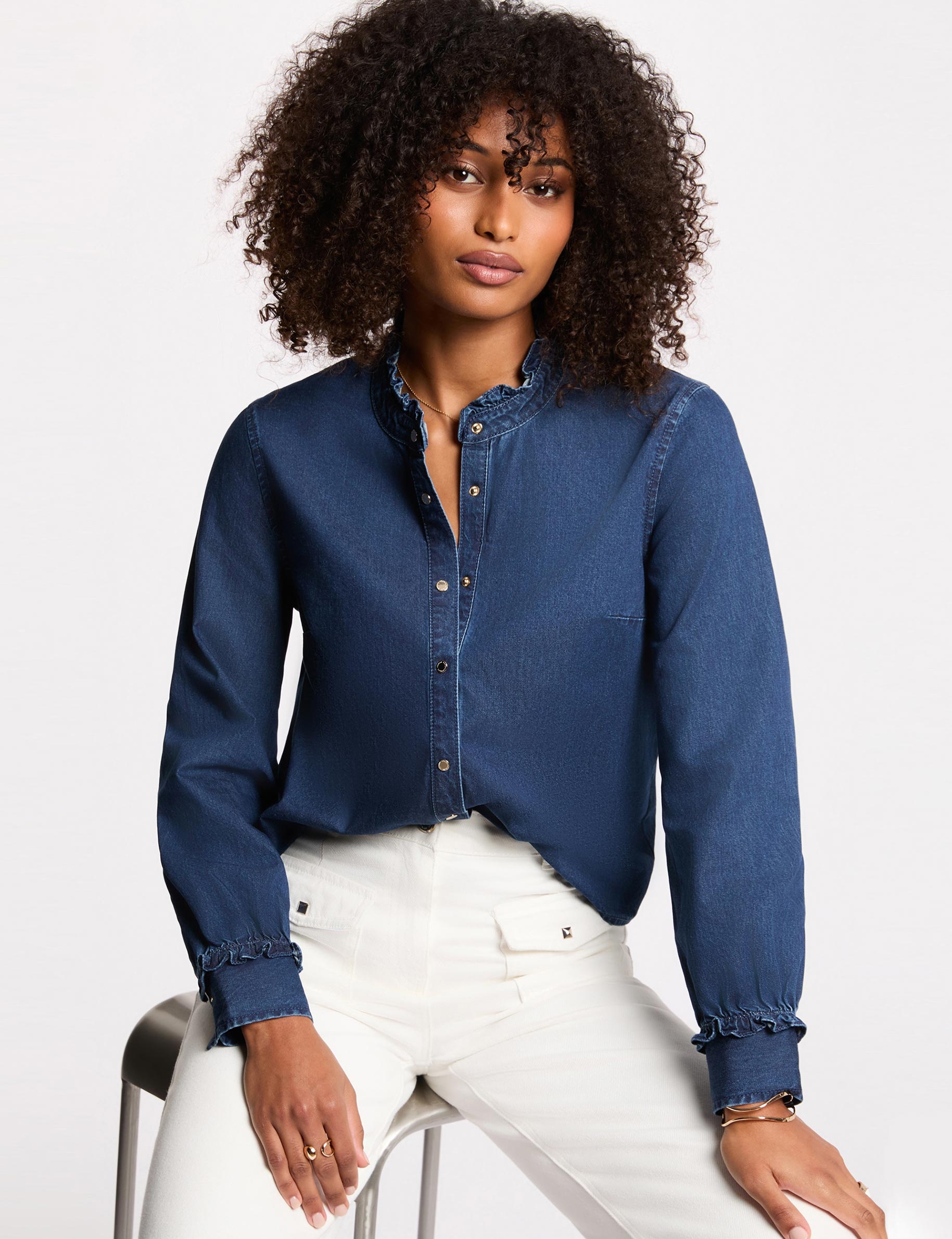 Chemise col montant denim brut femme