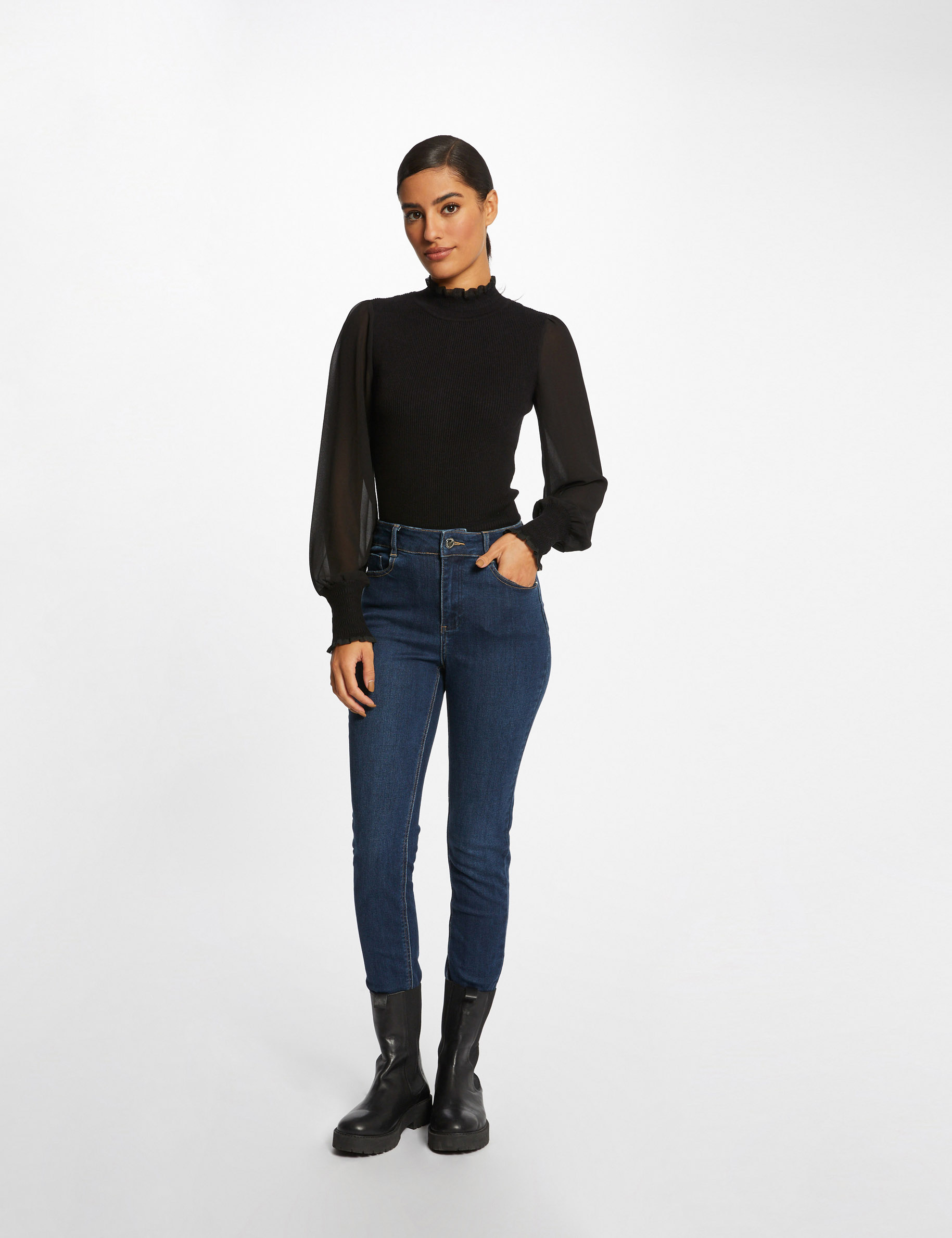 Pull manches longues boutonné noir femme
