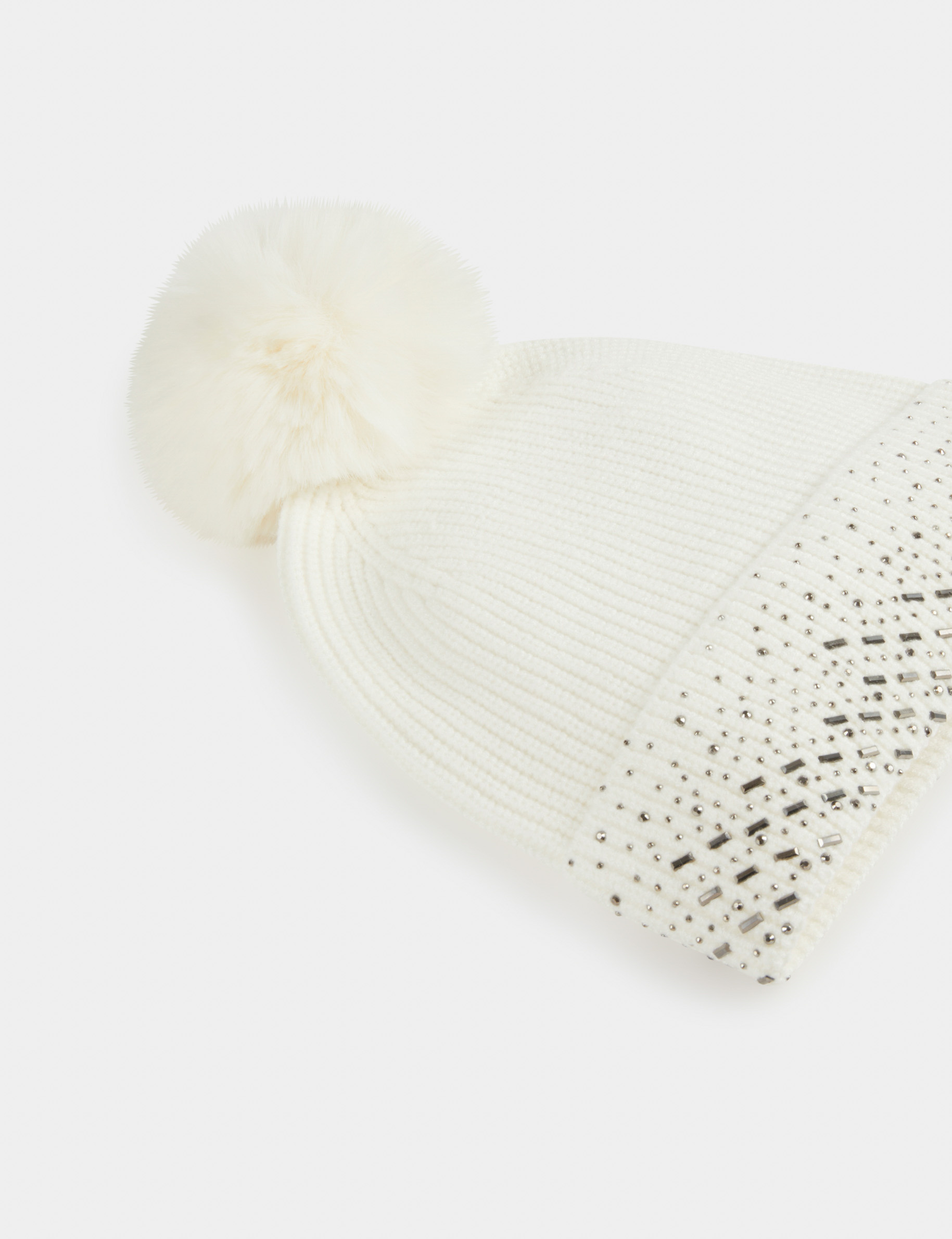 bonnet avec strass et pompon beige femme Bonnet avec strass et pompon beige femme