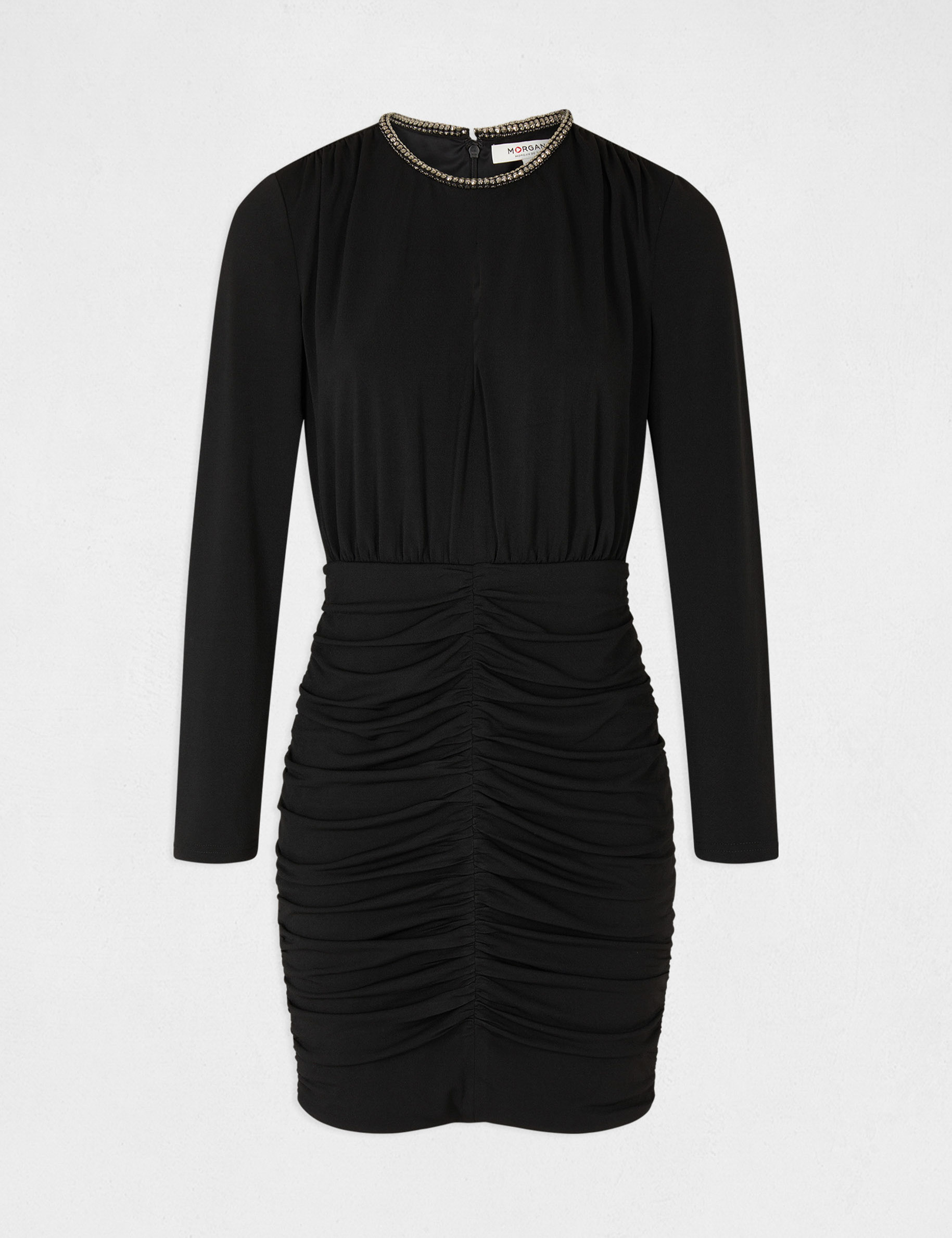 Robe ajustée froncée avec col bijoux noir femme
