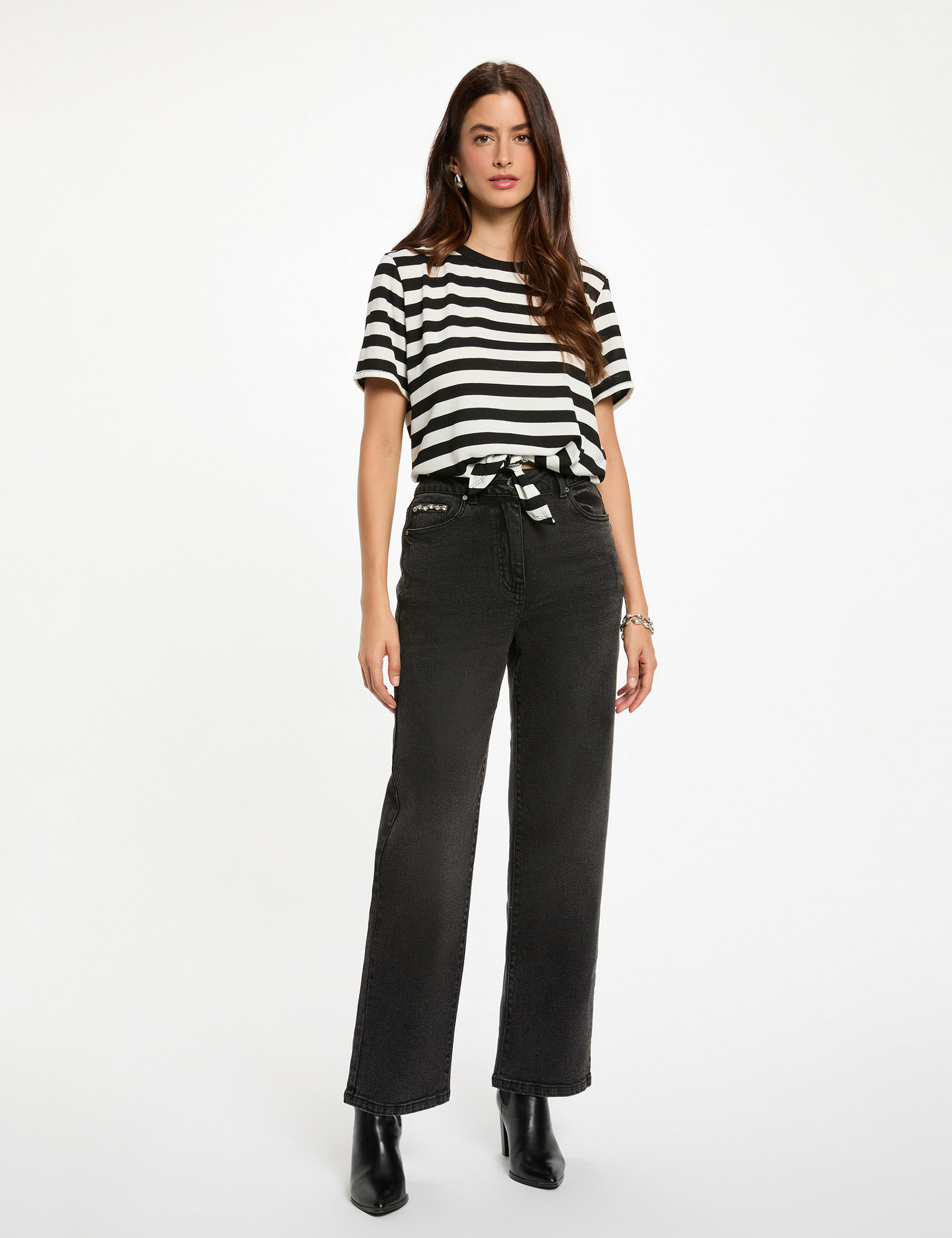 Tee Shirt Tunique Blanc Rayé Noir CHALOU 56 - Stretch, Manches Courtes, Fluide