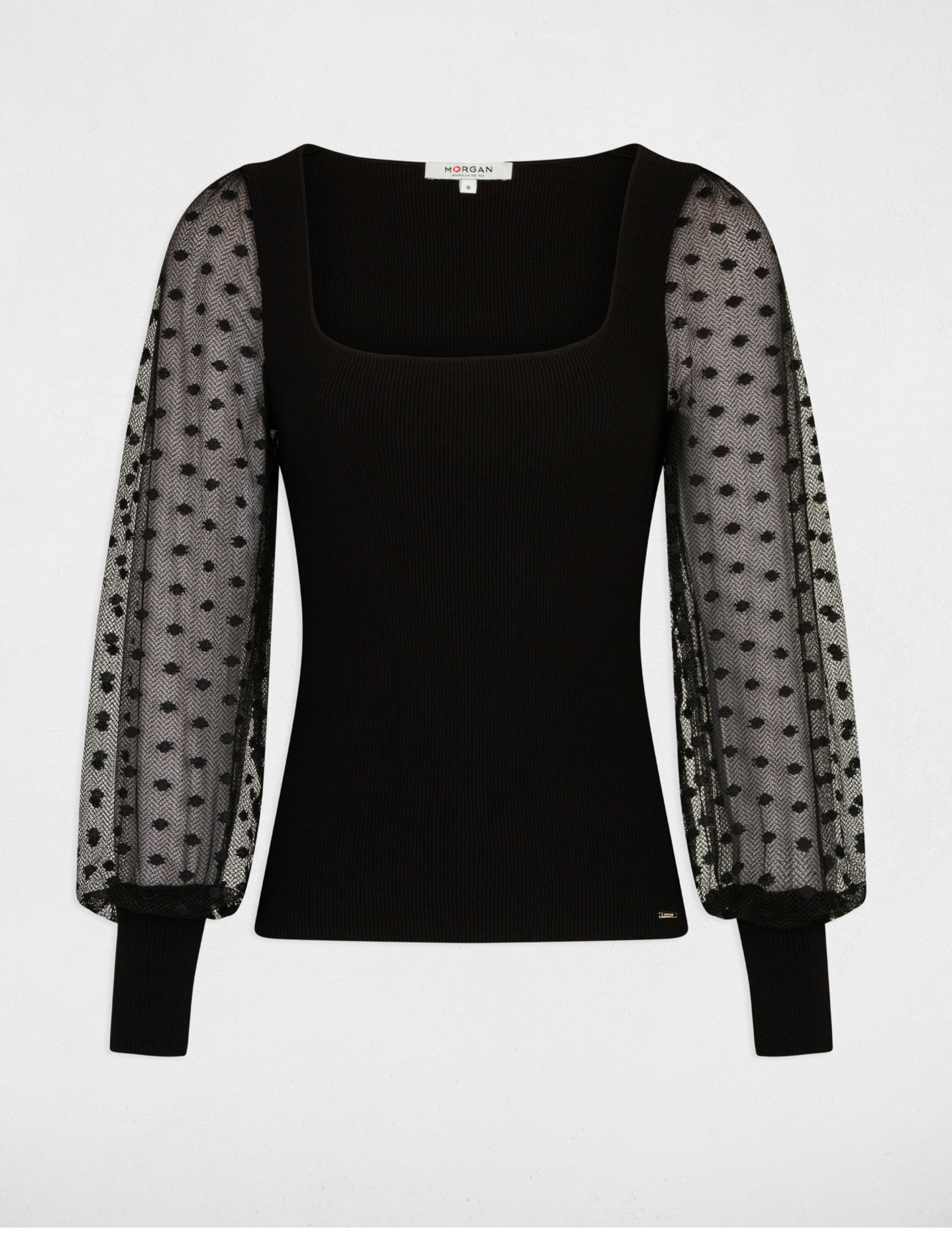 Pull manches longues à plumetis noir femme