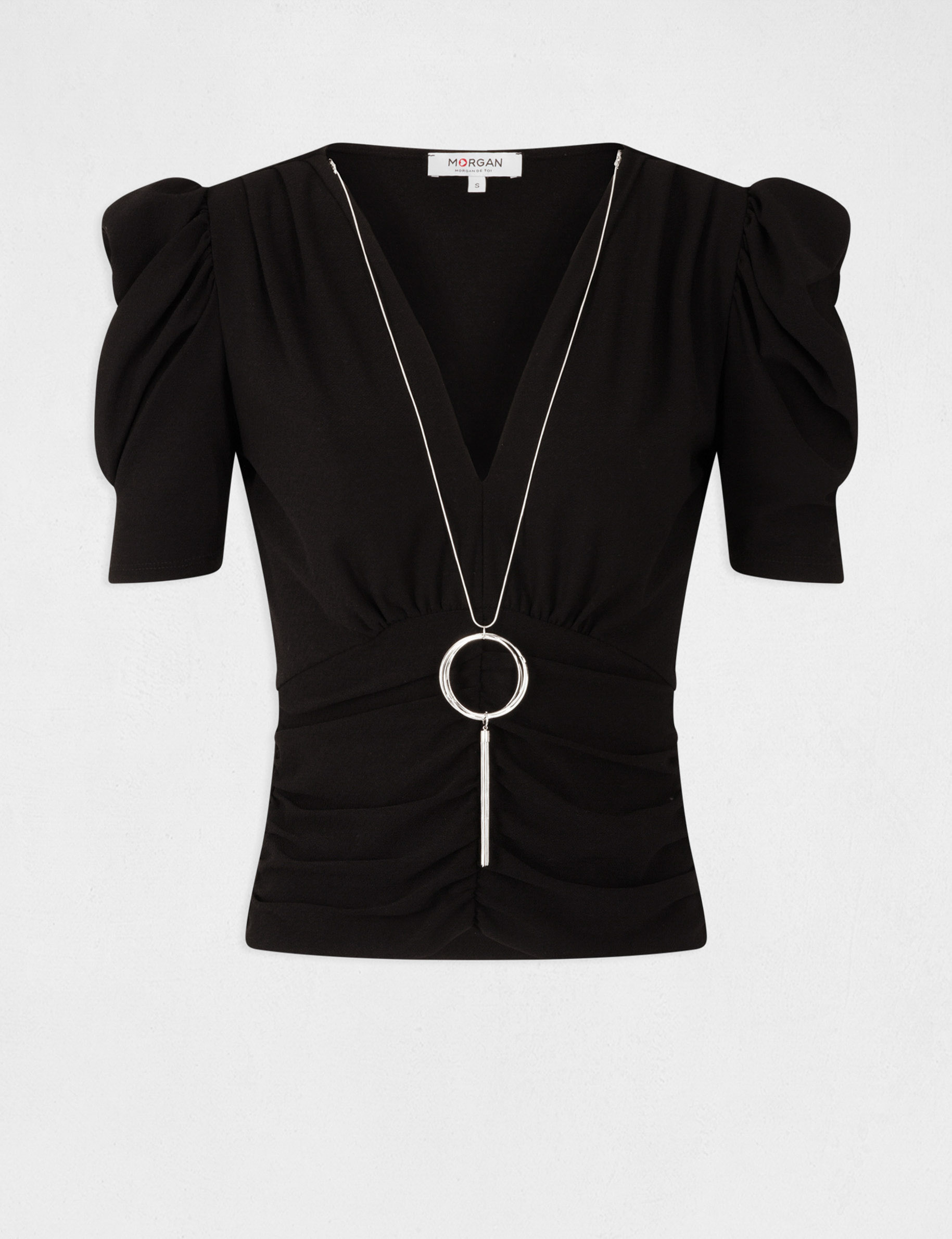 T-shirt manches courtes à détail bijou noir femme T-shirt manches courtes à détail bijou noir femme