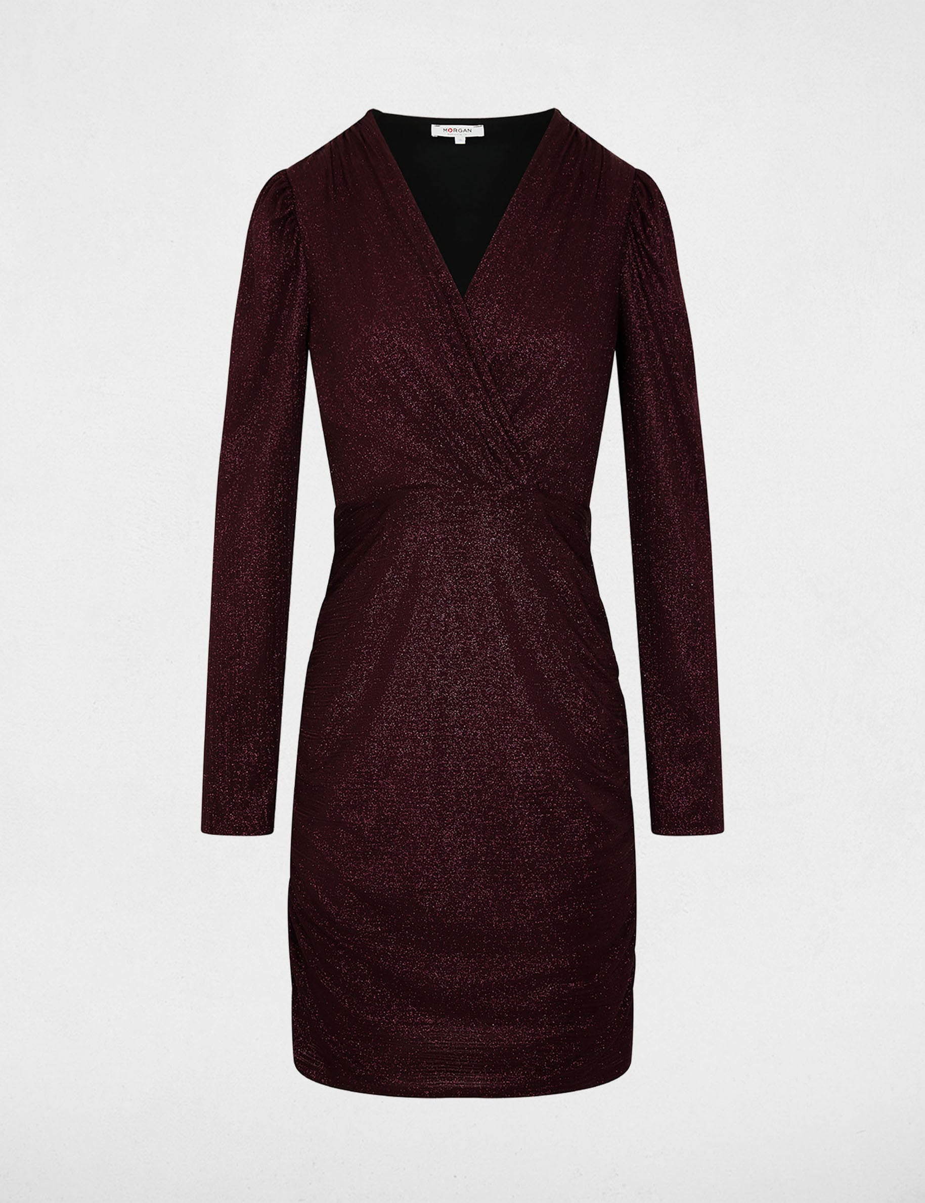 Robe courte ajust&eacute;e drap&eacute;e bordeaux femme