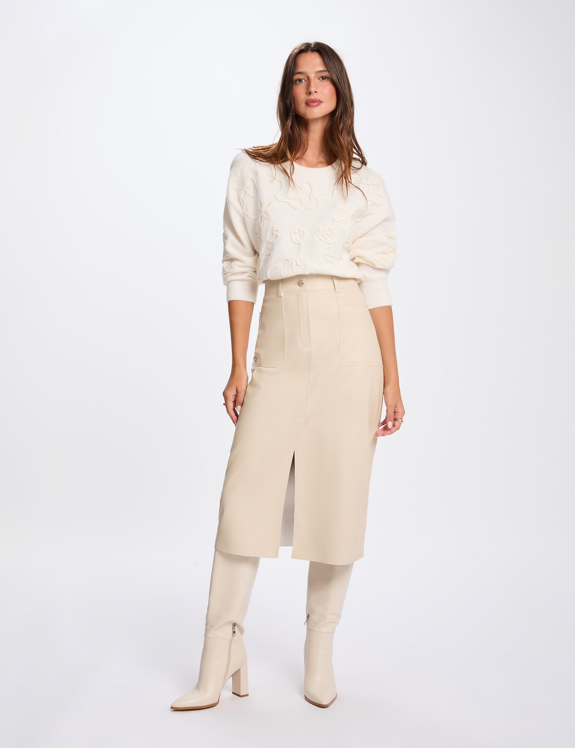 Pull col rond fantaisie ivoire femme