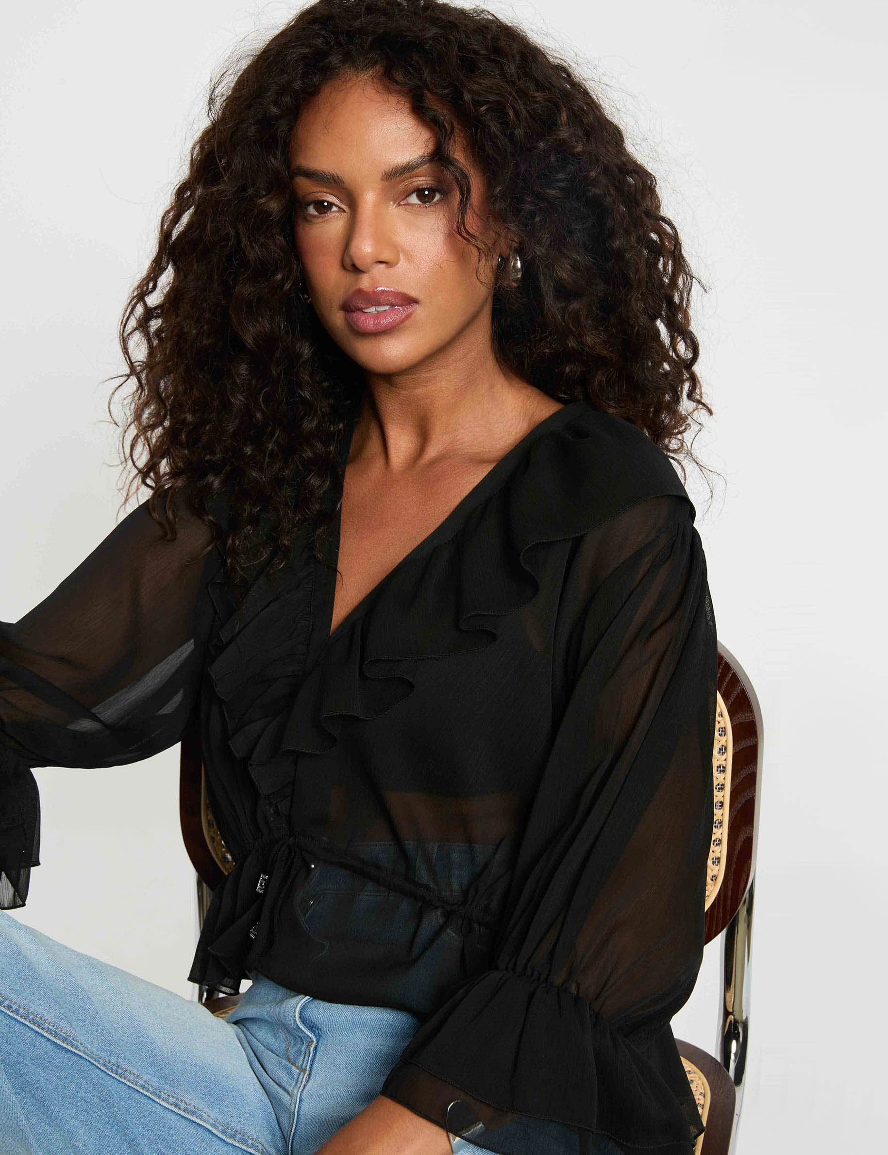 Blouse voile col v noir femme