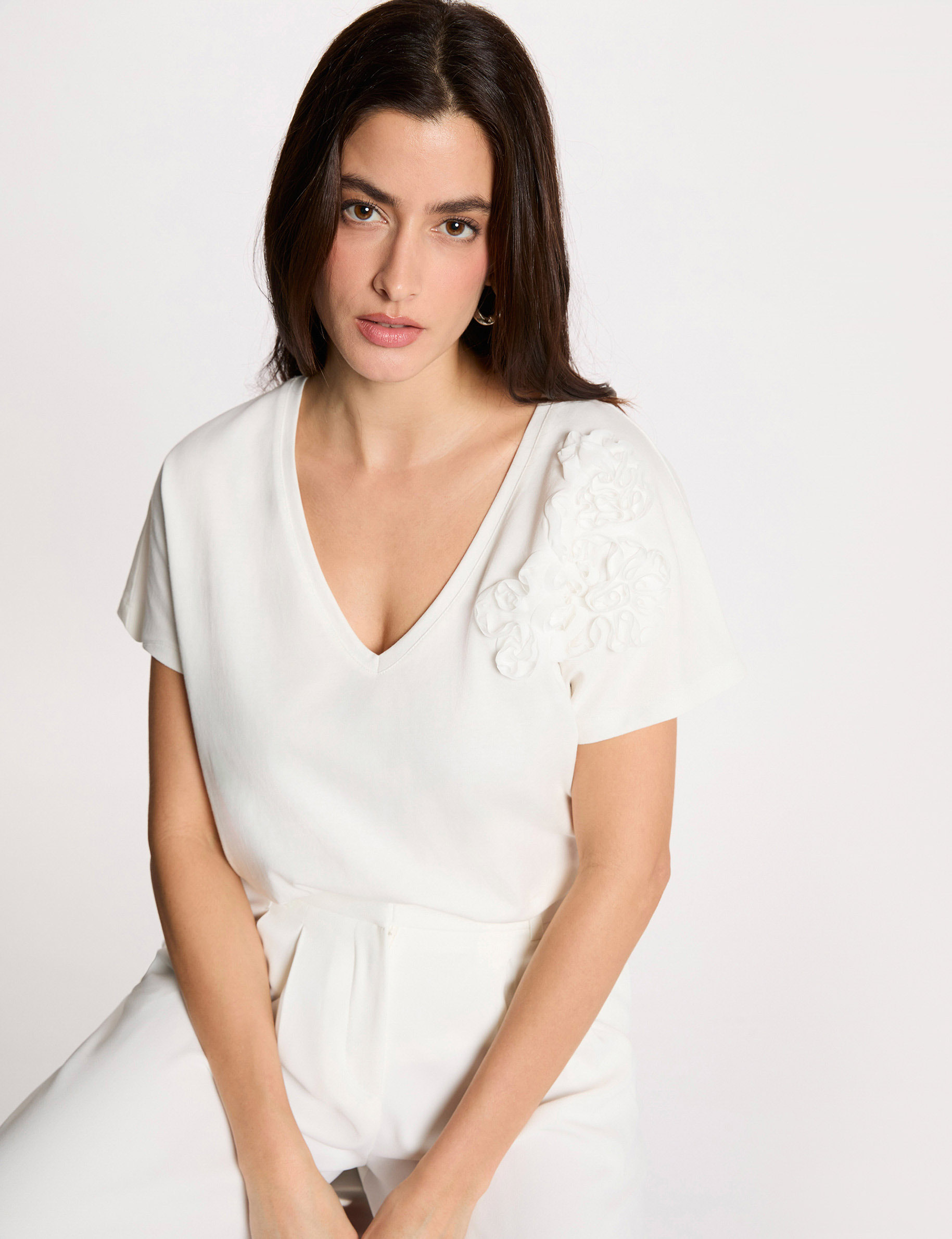 T-shirt col v manches courtes blanc femme