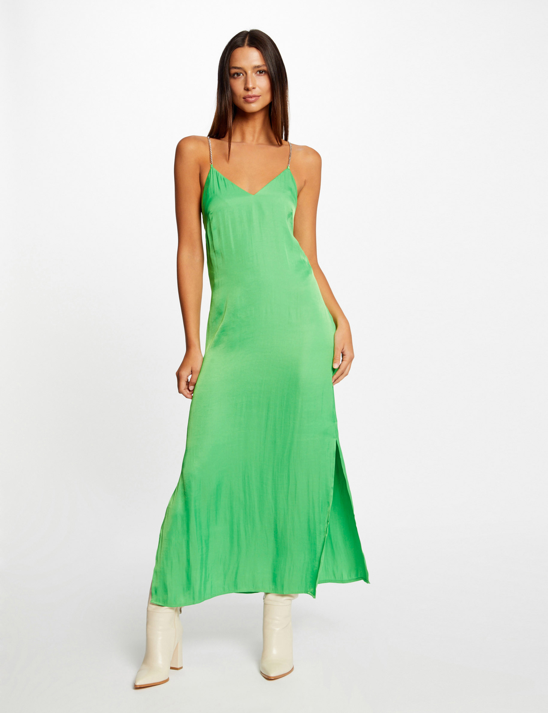 Robe longue évasée fendue satin vert clair femme