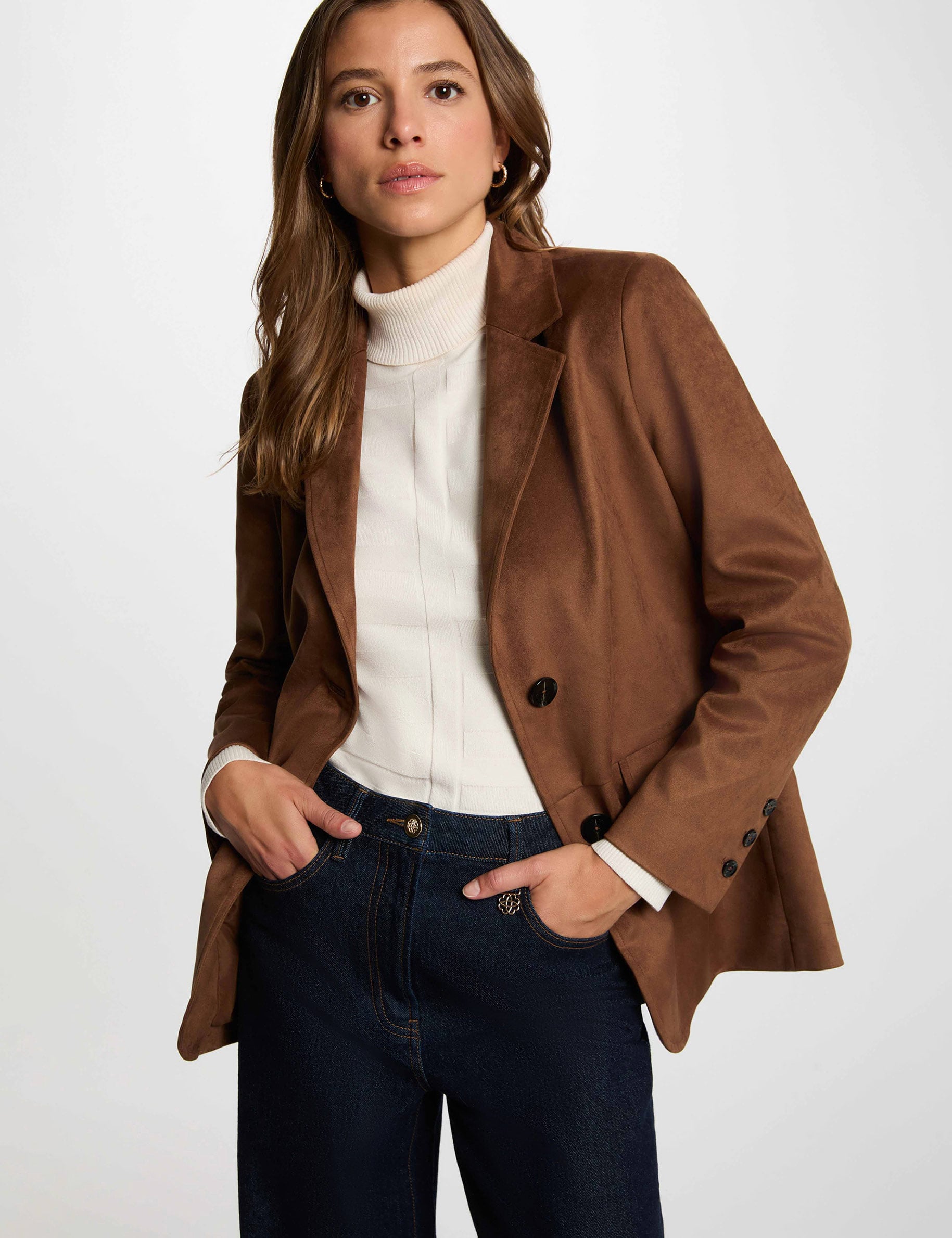 Blazer su&eacute;dine col tailleur marron chocolat femme